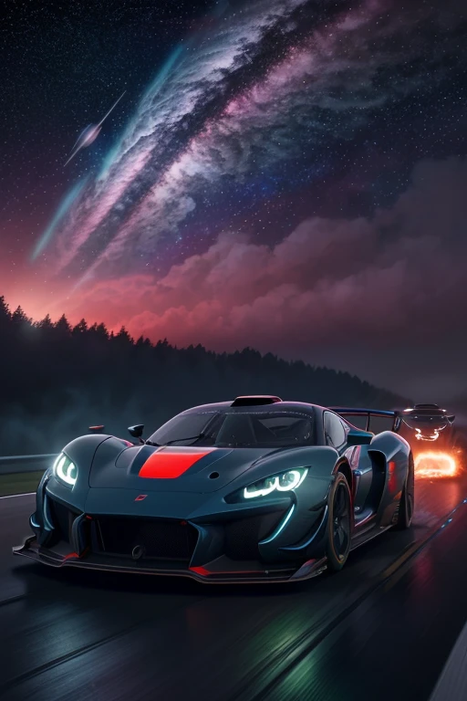 "Image of a spectacular car racing track, where the thrill of speed merges with the grandeur of the cosmos. On the track, fast and elegant racing cars compete at high speed, leaving trails of fire and smoke in the air. The skilled drivers They fight for first place while negotiating tight curves and accelerating on the straights, creating a scene of pure adrenaline and emotion.
In the background, a dimensional sky stretches, where planets collide and stars shine brightly. A reddish super moon dominates the horizon, casting an ominous light over the landscape. Clouds of cosmic dust churn through space, creating mesmerizing patterns of colors and shapes.
The combination of the vibrant racetrack and the cosmic setting creates an atmosphere of grandeur and excitement. This image captures the excitement of automobile competition while taking us on a journey through the unknown universe. A truly spectacular sight that combines the best of both worlds: the speed of running and the vastness of the cosmos."