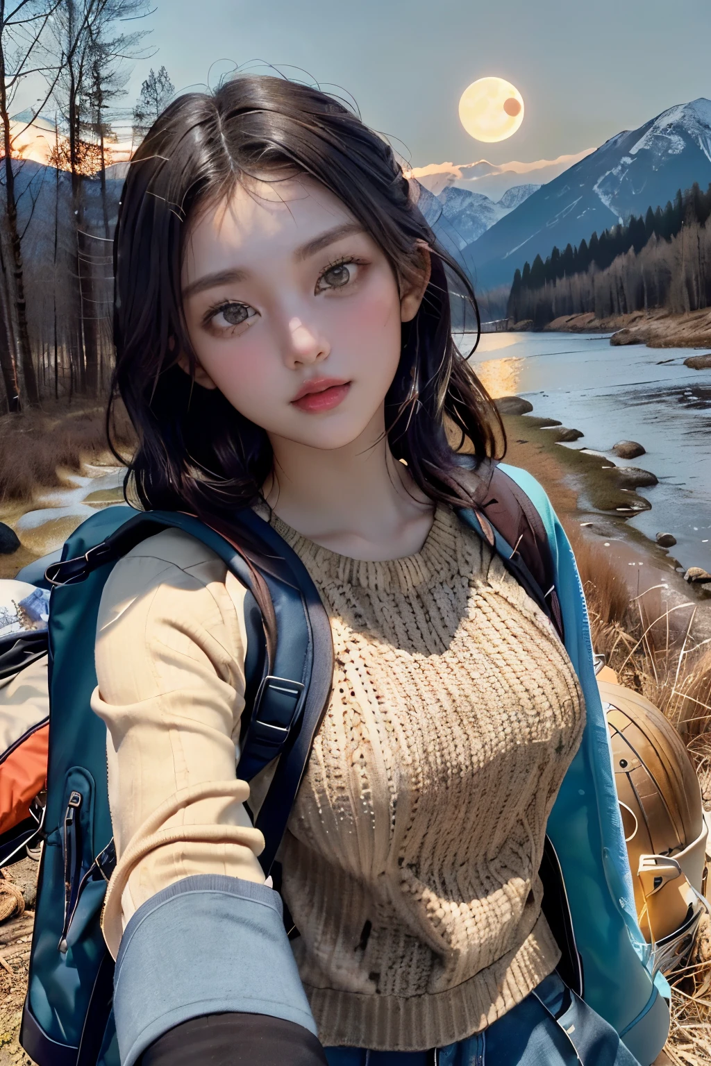 veronica cypher ((upper body selfie, happy)), masterpiece, best quality, very detailed, alone, outdoors, (night), mountain, nature, (star, moon) cheerful, happy, backpack, sleeping bag, camping stove, Water bottle, 등mountain화, Gloves, sweater, have, flash, forest, rock, river, wood, performance, shadow, difference, clear sky, analog style (look at the viewer:1.2) (skin texture) (film grain:1.3), (warm tones, warm tone) :1.2), enlargement, cinematic light, side lights, ultra high resolution, 최고의 shadow, raw, upper body, , Wear pullover Kodak Vision 3,