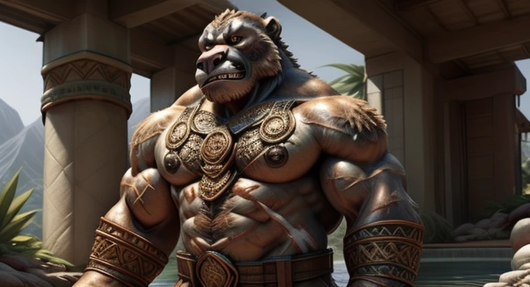 In the heart of the vibrant and mystical Kong Newo Imperio, observes a towering, muscular gorilla in an idling, regal pose. His large, expressive brown eyes gleam with wisdom and power, his intricately detailed, fur-covered body adorned with intricate scars and markings. The golden sun casts a warm light upon him, bathing the lush, tropical landscape in a rich, golden hue. The precise lines and contours of his body are showcased in this full-body, high-definition rendering. His bearing is that of a proud and strong leader, his demeanor radiating confidence and protection. Trending on ArtStation