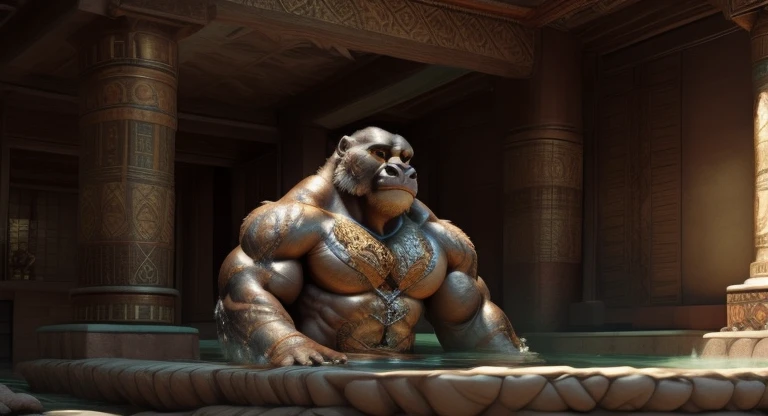 In the heart of the vibrant and mystical Kong Newo Imperio, observes a towering, muscular gorilla in an idling, regal pose. His large, expressive brown eyes gleam with wisdom and power, his intricately detailed, fur-covered body adorned with intricate scars and markings. The golden sun casts a warm light upon him, bathing the lush, tropical landscape in a rich, golden hue. The precise lines and contours of his body are showcased in this full-body, high-definition rendering. His bearing is that of a proud and strong leader, his demeanor radiating confidence and protection. Trending on ArtStation