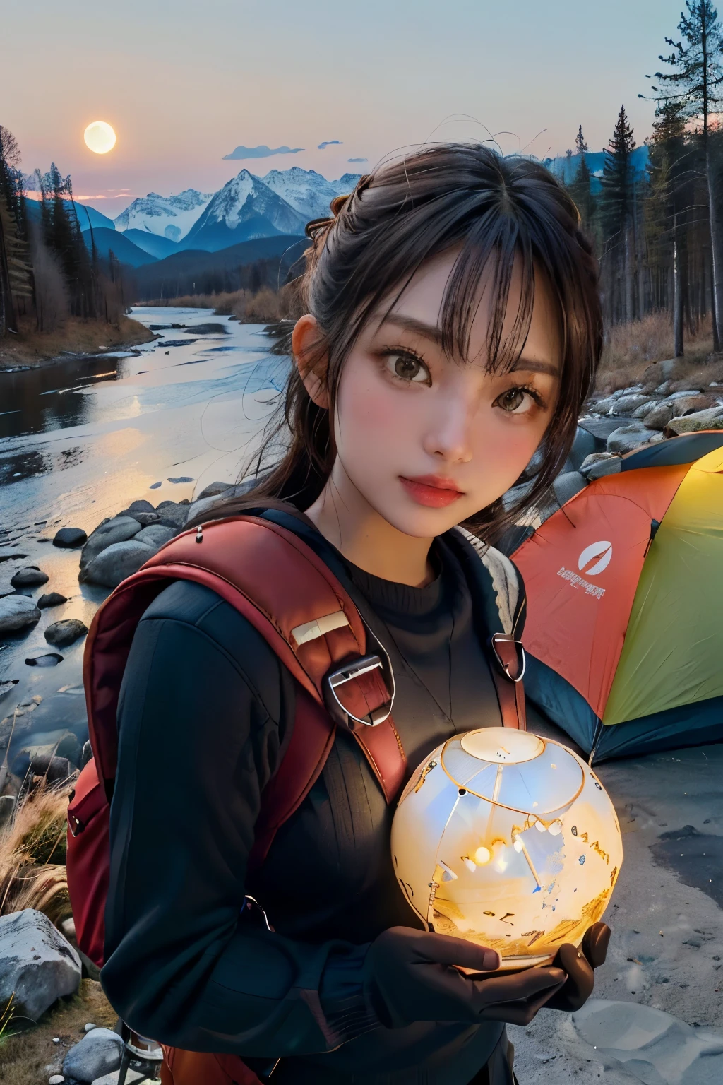 veronica cypher ((upper body selfie, happy)), masterpiece, best quality, very detailed, alone, outdoors, (night), mountain, nature, (star, moon) cheerful, happy, backpack, sleeping bag, camping stove, Water bottle, 등mountain화, Gloves, sweater, have, flash, forest, rock, river, wood, performance, shadow, difference, clear sky, analog style (look at the viewer:1.2) (skin texture) (film grain:1.3), (warm tones, warm tone) :1.2), enlargement, cinematic light, side lights, ultra high resolution, 최고의 shadow, raw, upper body,  , Wear pullover Kodak Vision 3,