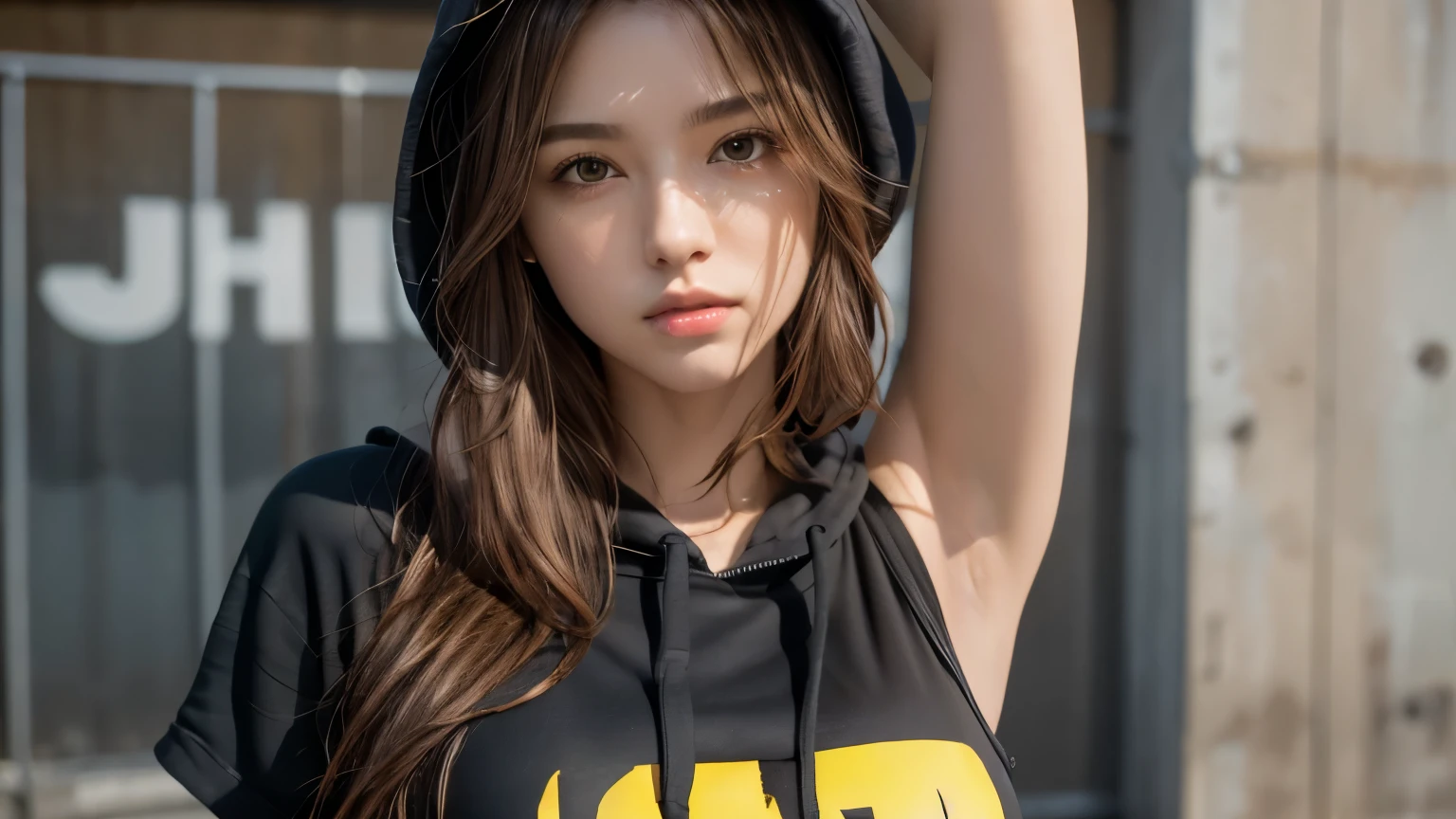 masterpiece, highest quality, Very detailed, 8k, Realistic, One Girl, alone, Tomboy, Very detailed face, (head shot:1.5), Upper Body, Standing in front of a wall covered in hip hop graffiti, Light brown long hair, He is wearing a short black tank top and an open-zipped yellow hoodie.。., Reaching into the pocket of a hoodie