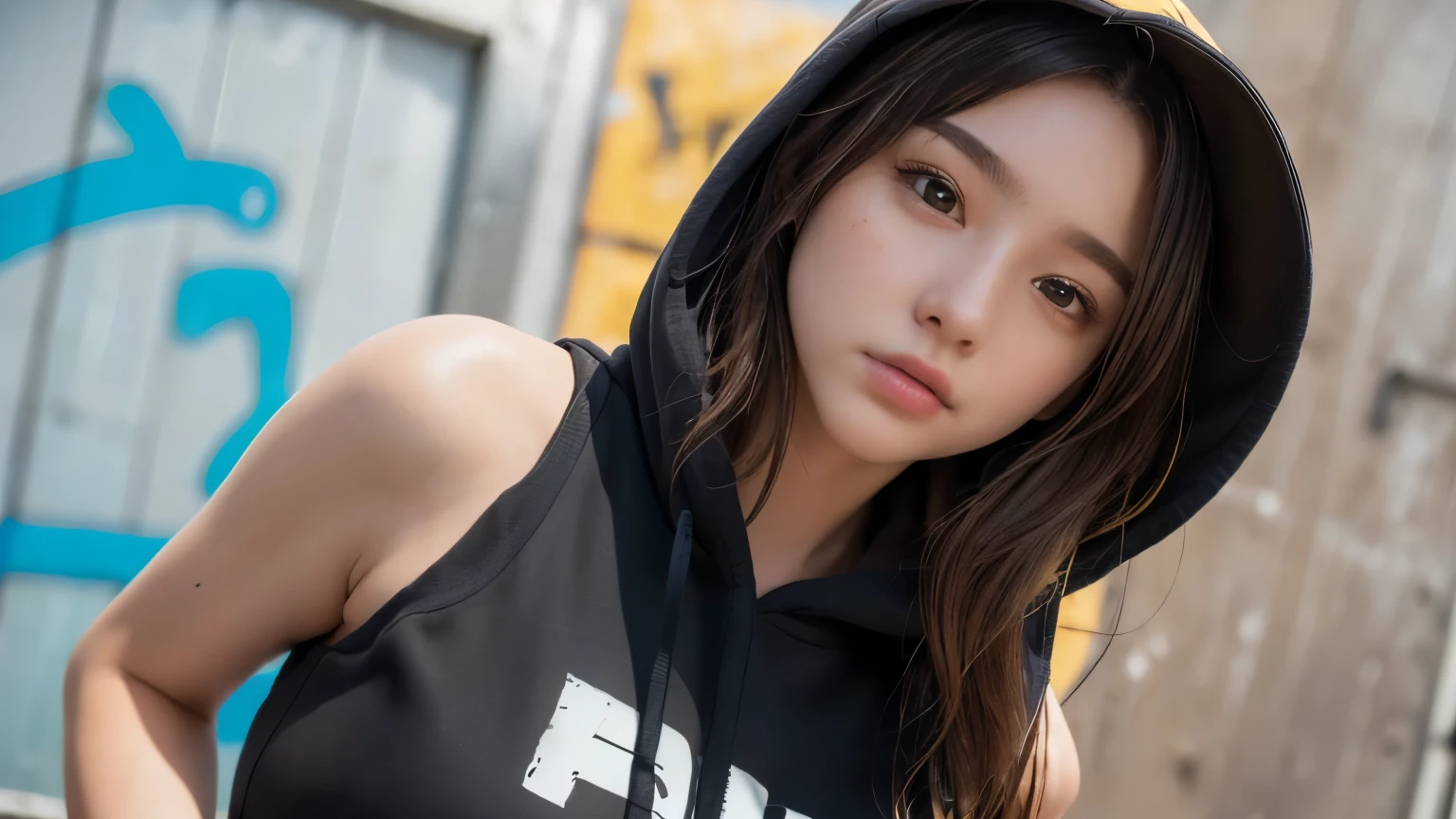 masterpiece, highest quality, Very detailed, 8k, Realistic, One Girl, alone, Tomboy, Very detailed face, (head shot:1.5), Upper Body, Standing in front of a wall covered in hip hop graffiti, Light brown long hair, He is wearing a short black tank top and an open-zipped yellow hoodie.。., Reaching into the pocket of a hoodie