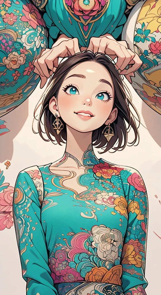 official art, unity 8k wallpaper, ultra detailed, beautiful and aesthetic, beautiful, masterpiece, best quality, (zentangle, mandala, tangle, entangle), (ecstasy of flower:1.2), dynamic angle, cowboyshot, the most beautiful form of chaos, elegant, a brutalist designed, vivid colours, romanticism, atmospheric, warm smile, bright eyes detailed eyes