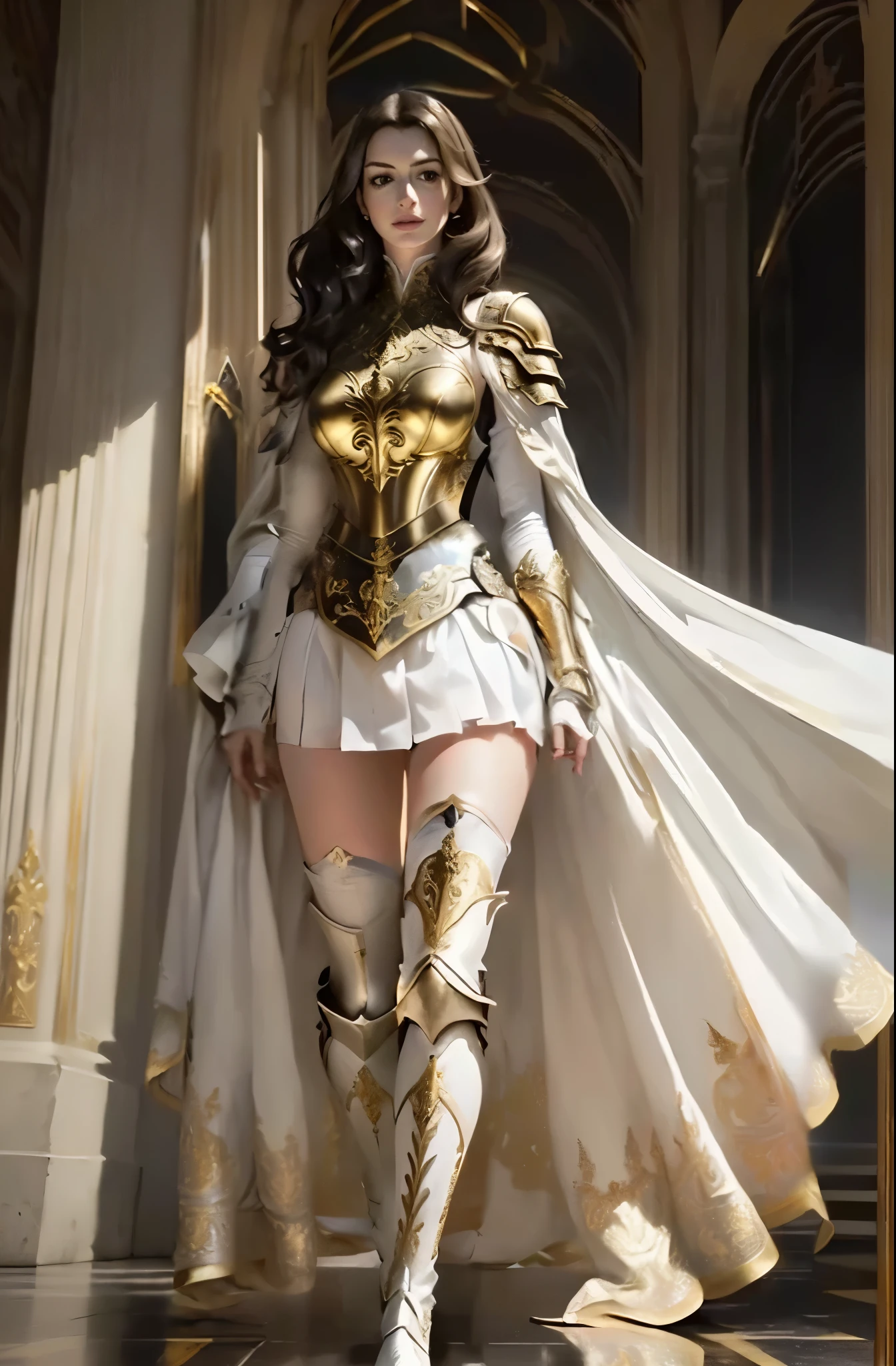 ((Anne Hathaway in ornate gold plate armor)), award winning concept art of tall (1girl) in ornate plate armor, royal, elegant, ((facing camera)), look at camera, eye contact, high long ponytail, dramatic long flowing white hair, model on runway, epic, god rays, centered, (masterpiece:1.2), (best quality:1.2), Amazing, highly detailed, beautiful, finely detail, warm soft color grading, Depth of field, extremely detailed 8k, fine art, stunning, iridescent, shiny, light reflections, crisp, curls, wind, outdoor palace, elegant frontal pose, hyper realism, vibrant, sunlit, edge detection, (white elegant miniskirt ), thigh high boots, knees, long flowing white cape, no panties 