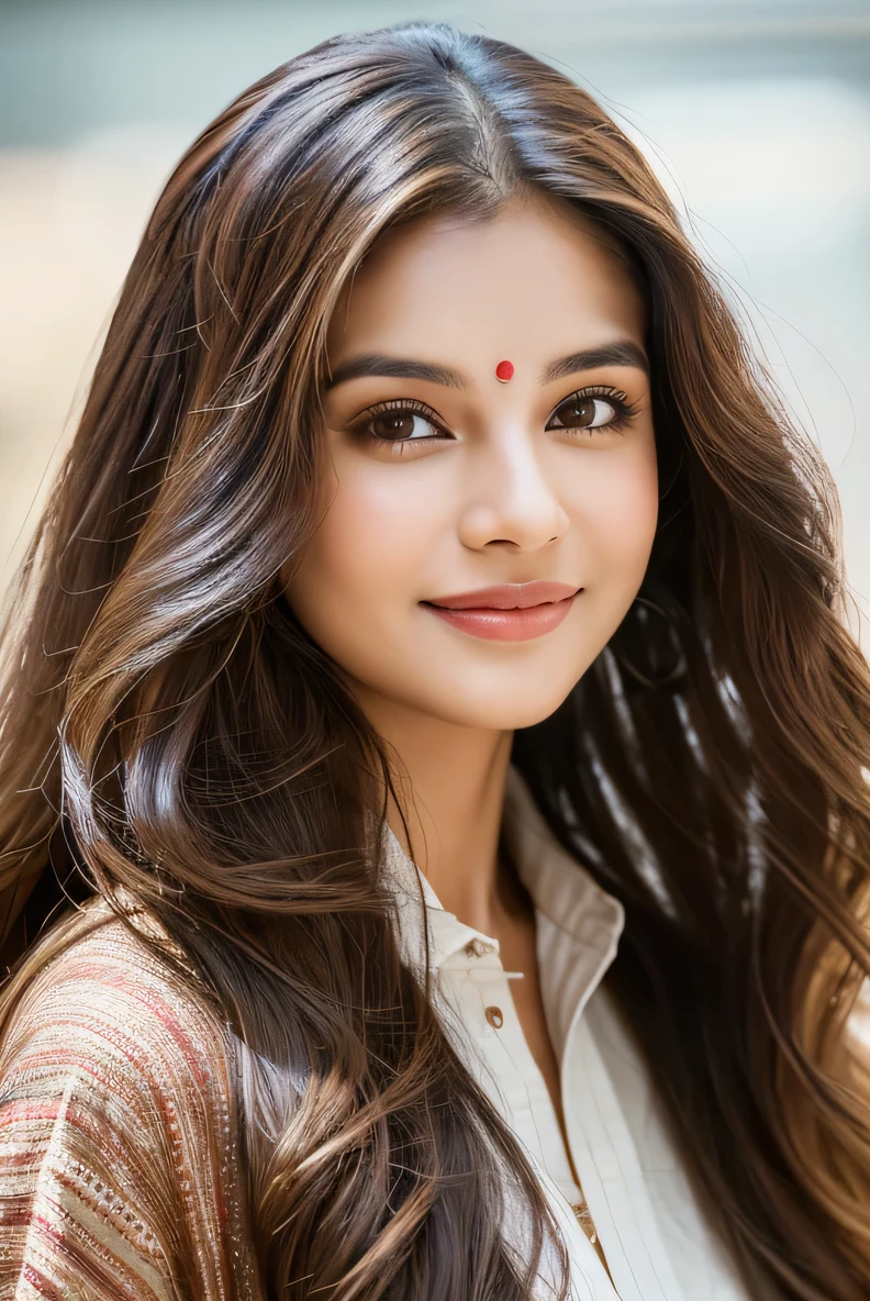 Portrait of A confident-looking indian woman with long flowing hair, (brown eyes: 1.5), with flowing capes, wavyhair, high cheek bones, plump juicy lips, perfect composition, no jewelry, hyperrealistic, super detailed, 8k, high quality, trending art, trending on artstation, sharp focus, studio photo, intricate details, highly detailed, mugshot, facing camera, looking into lens, focussing on lens, smiling, closed lips, beautiful smile