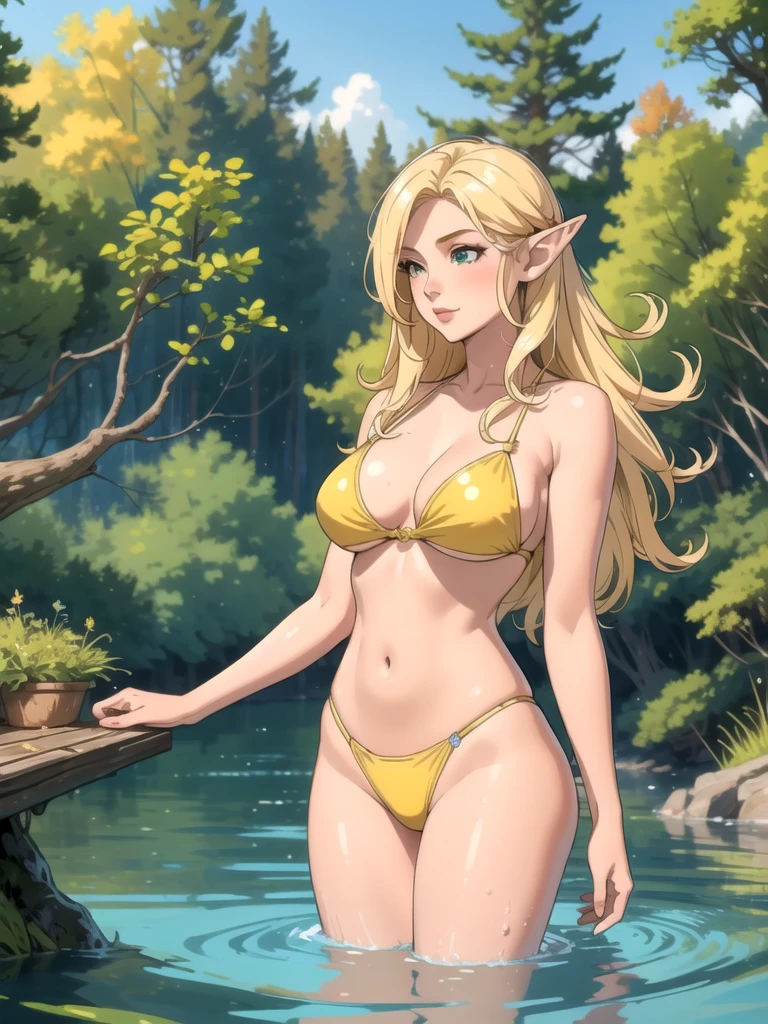 (masterpiece, best quality), 1girl, elf,  woman, long blonde hair, yellow bikini, lake, forest, thighs, breasthe water