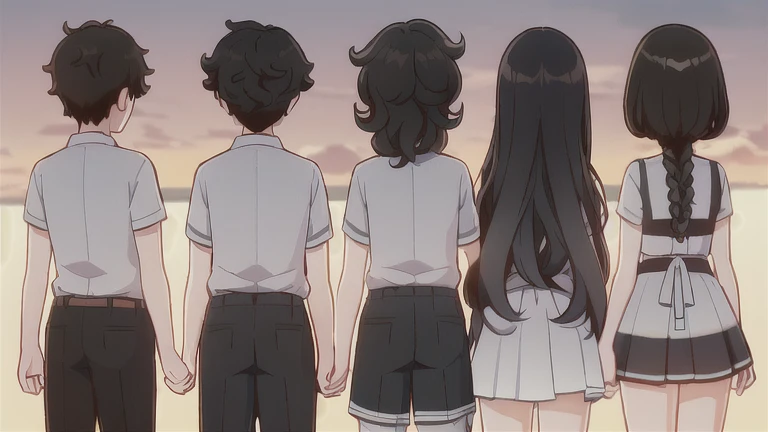 back view of five people watchimg sunset, 2 boys, 3 girls. this is the sequence; First, boy has big body, kinda short and has straight hair, second is girl who's kinda short also, black and curly hair, 3rd is a boy that has mid-curly hair, tall, wearing white shirt, 4th is a girl, short, has wavy-dark hair wearing a cute outfit and lastly, a girl who's straight hair, wearing a fitted cloth.