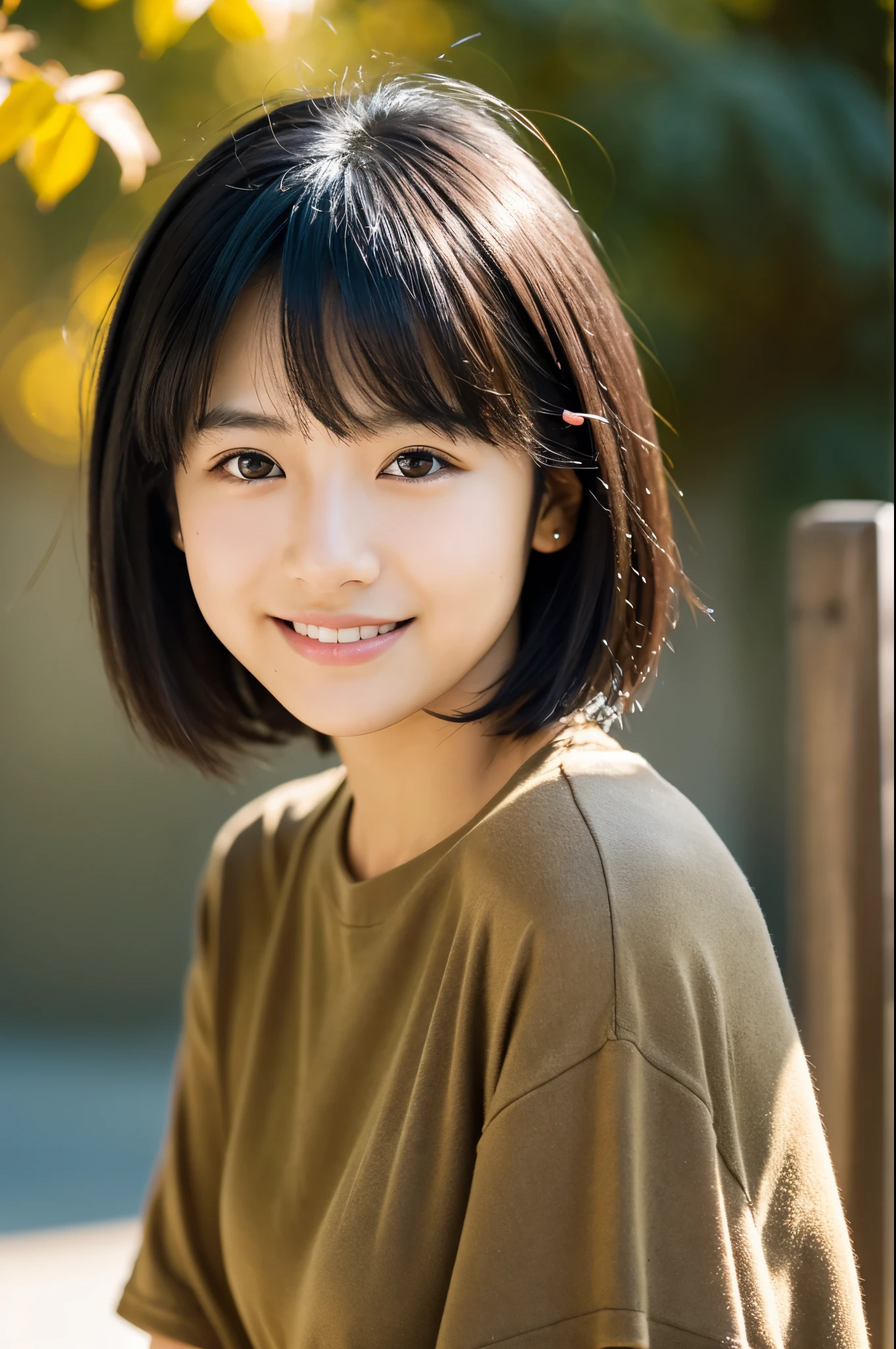 Portraiture, 8k, high quality, Realistic Photographic Images, 17 years old, Japanese women, Neat, small, Natural and realistic eyes, Beautiful black hair, short hair, light makeup, Octane Rendering, Beautiful lighting, Golden ratio composition, smile, Casual wear, Casual clothing, Natural background, Blurred Background