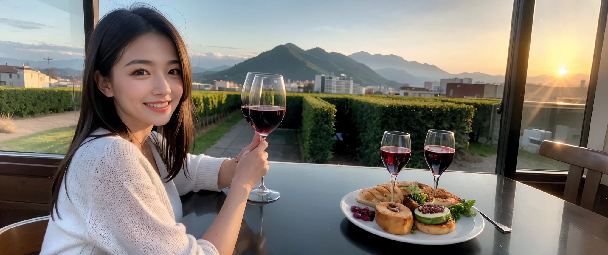 ((highest quality、8k、masterpiece:1.3))、Beautiful woman perfect body:1.4、2 women、slimなボディ、((Bob Hale、Straight hair:1.2))、 Ultra-high resolution, Bright image、2. The beauty of wine, Beautiful Face, blue eyes, Beautiful Eyes, The light shines on your face, Blushing your nose, short hair,Amazing view of the sunset sky and clouds、Amazing mountain views、ニコニコ明るいsmile、smileの素敵な女性、Bright Face、Fox face、Lady、Champagne、Wine bottle、wine glass、red wine 、Appetizers、Italian food、Two beauties、Brown Hair、Shortcuts、Long sleeve shirt、Winter Fashion、dress、Wine bottle、sparkling wine、Pretty Woman 1, (slimな顔), (Brown Hair), (Shortcuts), cheeks turn a little red, (42 years old), 39 years old, Attractive beauty、restaurant, Nova Frog Style, actress, model, Upper Body, White wine, slim, wine glass, 真ん中に置かれたwine glass, smile, (smile: 1.15), 綺麗なBeautiful Eyes, Strong light and shadow,Moist Body:1.5、Delicate eyes、Brown Hair、The hair is very shiny、