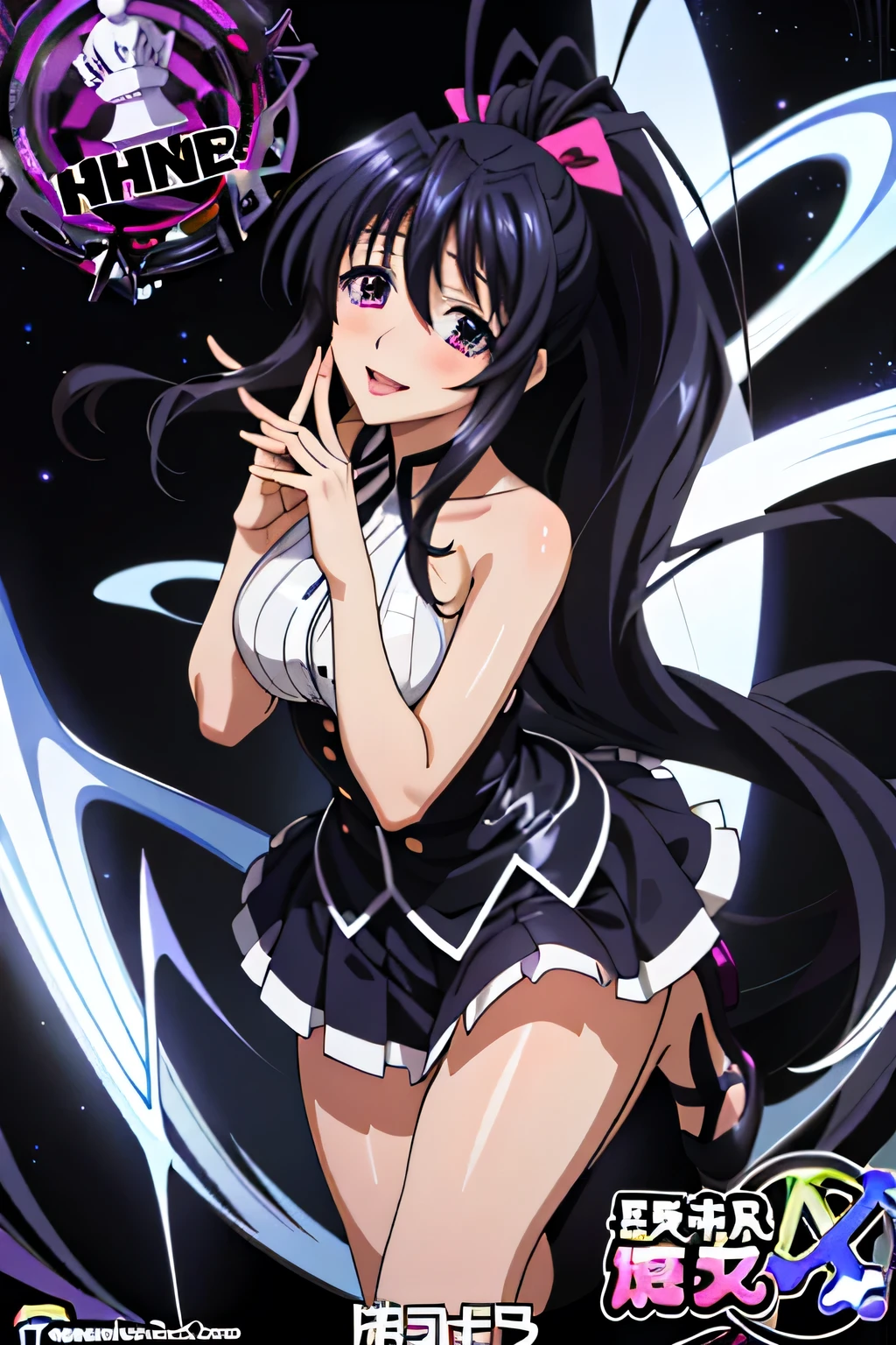 Himejima Akeno、Long Hair、(draw the eyes:1.2)、one person 、smile 、blush 
、Leaning forward 、Looking up 
、Open your mouth 
、Black tight skirt 、Squat with your legs apart 
、Make a ring with your fingers in front of your mouth 
、(highest quality) 、(Fine skin:1.3)