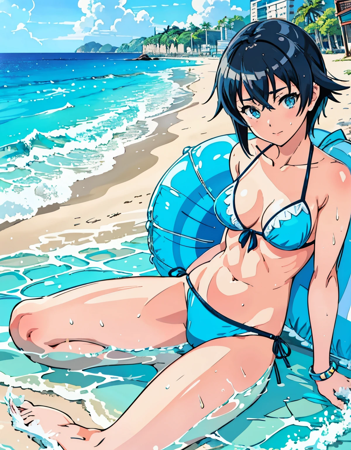 anime girl in a blue Swimwear sitting on a beach, is wearing a Swimwear, wet Swimwear, Enchanting anime girl, Makoto Shinkai and Artgerm, Highly detailed art gems, Swimwear, Gweitz, Ilya Kuvshinov. 4k yen, Attractive anime girl, Beautiful Anime Girls, Realistic Bikini, Swimwear, Renji Murata and Artgerm