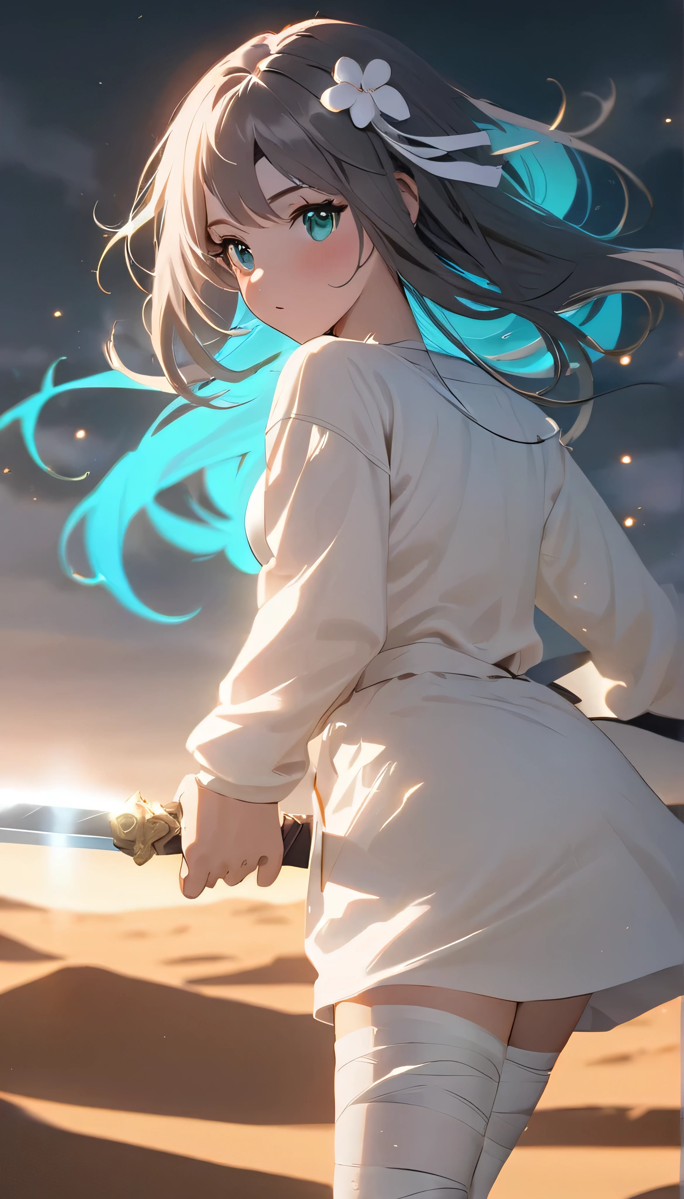 Resolution full, best quality, masterpiece, cinematic lighting, best photography, full HD, very sharpener, best art, very accurate, depth of field,  beautifull girl, very accurate, 1girl, waifu, cute waifu, long hair, dark grey  hair, cyan inner hair, white flower hair ornament, beautiful cyan eyes, medium  breast, white T - shirt oversized, bandage hands, bandage legs, holding sword, the girl have lighting power, floating girl, at desert, Columbus cloud