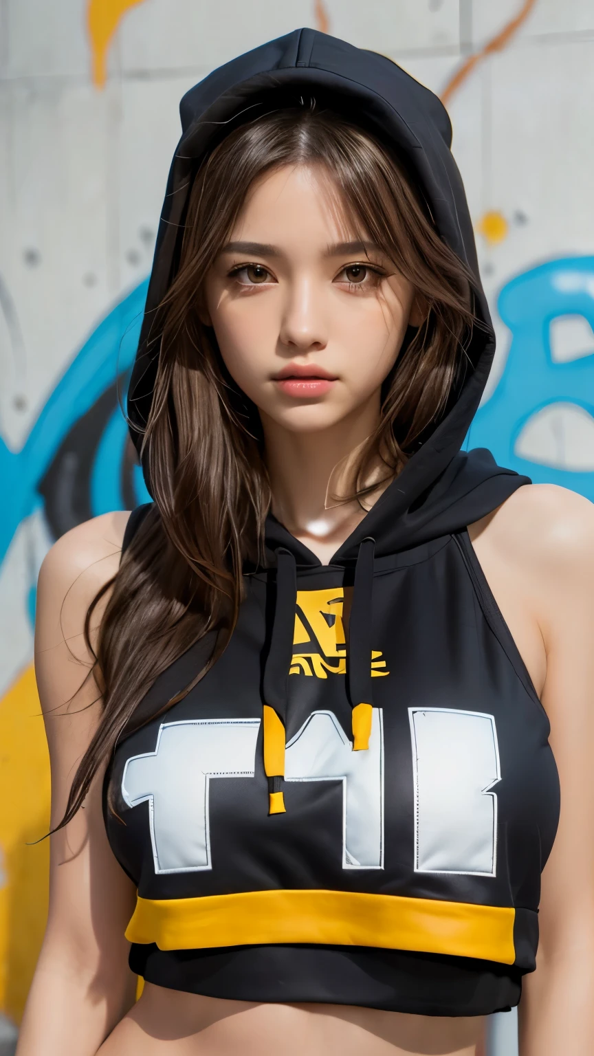 masterpiece, highest quality, Very detailed, 8k, Realistic, One Girl, alone, Tomboy, Very detailed face, (head shot:1.5), Upper Body, Standing in front of a wall covered in hip hop graffiti, Light brown long hair, He is wearing a short black tank top and an open-zipped yellow hoodie.。., Reaching into the pocket of a hoodie