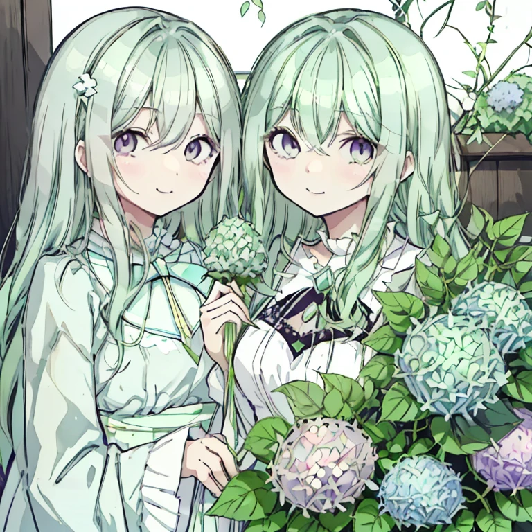 Mint green hair,Long Hair,Curly Hair,Pink Eyes,Round eyes,smile,cute,pastel colour,hydrangea,ピンクのhydrangea,hydrangeaのドレス,
