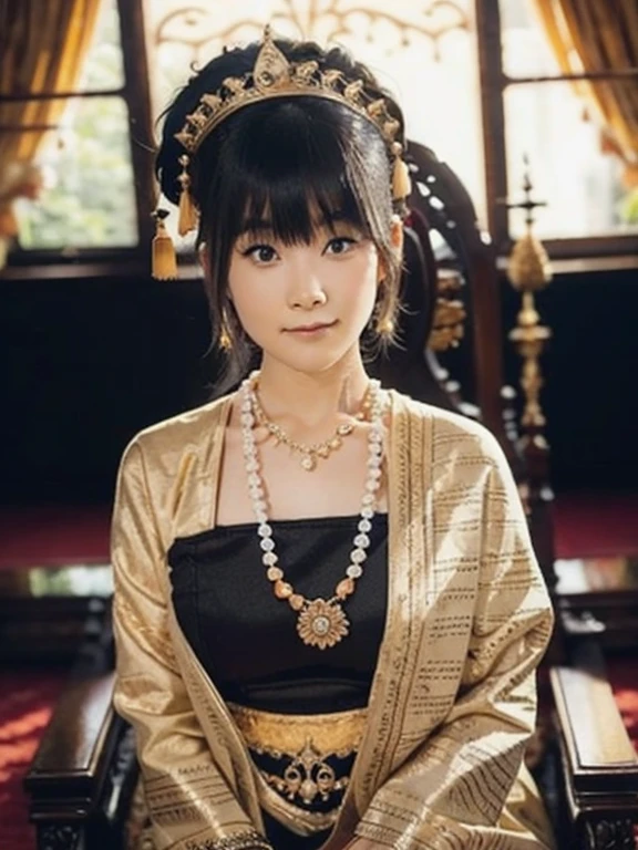 Beautiful queen wearing traditional dress with MMTD Burmese pattern,Wear a pearl necklace and a gold bracelet,Beautiful details throughout the body, Sitting in a kingly position on a long traditional golden throne in a golden palace, Myanmar traditional hairstyle,Optimal Configuration, Panorama cover photo, Centimetric lighting and ultra-realistic details, Octane Rendering, Unreal Engine, Sharp focus,32k ,UHD resolution