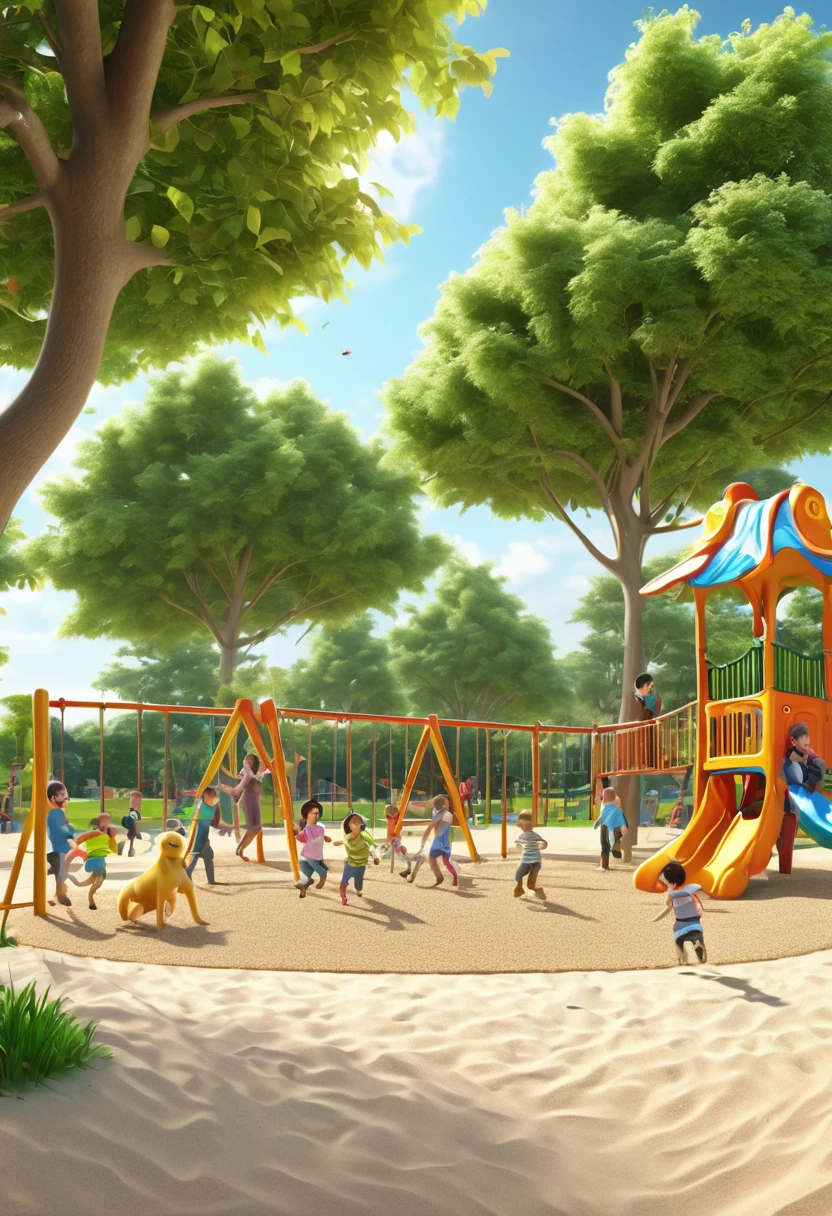 - joyful children playing in a children's playground - mischievousness - trees, sand - pets - parents watching the children play - highly detailed - sharp focus - anime style - masterpiece - HD quality - 3D rendering - 32k resolution