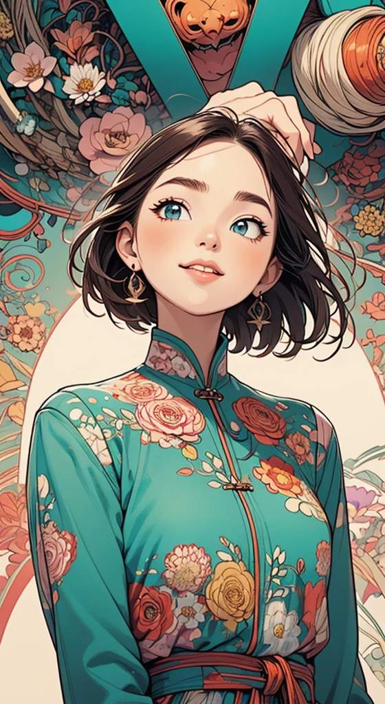 official art, unity 8k wallpaper, ultra detailed, beautiful and aesthetic, beautiful, masterpiece, best quality, (zentangle, mandala, tangle, entangle), (ecstasy of flower:1.2), dynamic angle, cowboyshot, the most beautiful form of chaos, elegant, a brutalist designed, vivid colours, romanticism, atmospheric, warm smile, bright eyes detailed eyes
