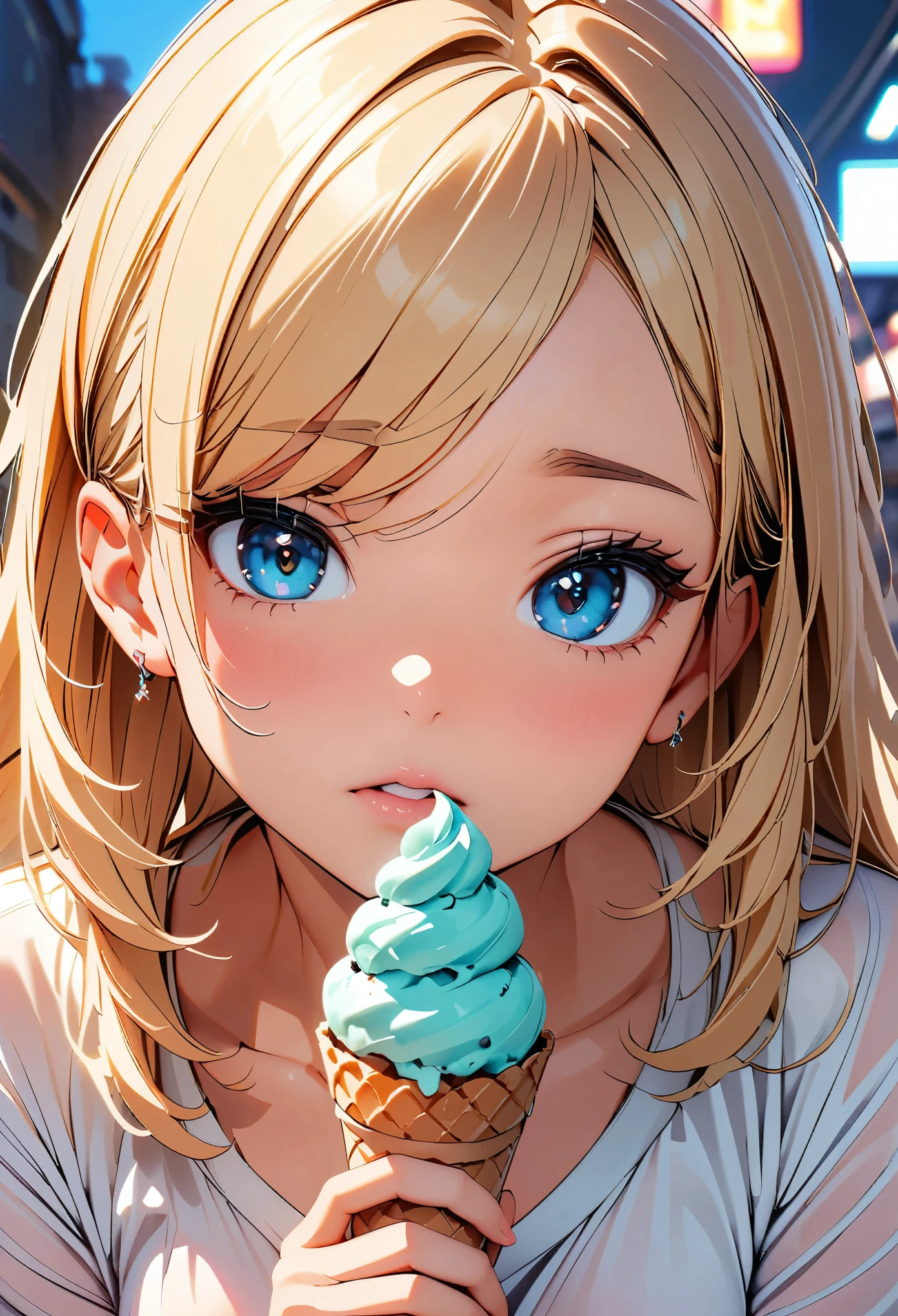 (high quality, 8k, 4K, Attention to detail, High Contrast, masterpiece:1.2, 最high quality, Best aesthetics), ((1 female)), Looking at the camera, Clear Face, Delicate facial features, Real Skin Glow, pretty girl, shy, To the camera, I have ice cream, ice cream cone, Glossy Lips.