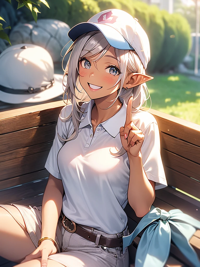 One elf woman, tanned brown skin, beautiful golden eyes, beautiful silver hair, pointed ears, pink lips, upper body description, smiling, white polo shirt, blue jeans, wearing a cap, park bench sitting, waving, looking up, high resolution