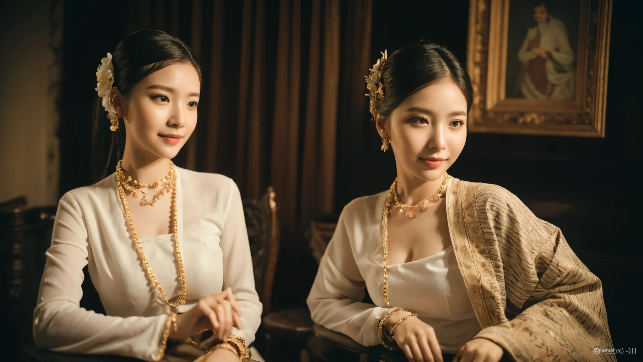 (best quality,4k,8k,highres,masterpiece:1.2),ultra-detailed,(realistic,photorealistic,photo-realistic:1.37),portrait,stunning Burmese patterned traditional dress lady,beautifully adorned,eye-catching brocade patterns,rich and vibrant colors,detailed embroidery work,exquisite textures,meticulously handcrafted dress,vividly captures the essence of Burmese culture,traditional floral motifs,graceful silhouette,fine folds and pleats,accentuates the lady's elegance,black single bun hair with flower,intricately arranged hairpiece,delicate and feminine,adds a touch of sophistication,soft yet confident expression,deep and captivating eyes,lustrous lips with a hint of a smile,flawless complexion,golden accessories,polished and refined,mesmerizing presence,subtle lighting,dramatic shadows,showcases the lady's grace and beauty,immersive visual experience,sexy,nude,naked,sexual attractive face action