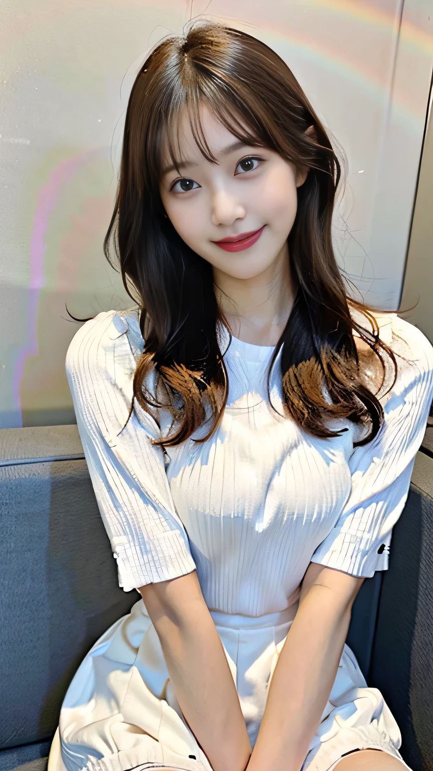 (highest quality、32k、masterpiece、Ticker:1.2)、One Woman、((Beautiful Japanese Woman))、(beautiful girl)、Tight waist、Large Bust、Ivory ribbed knit top with ruffled sleeves、Tight mini skirt、Room with the rising sun、（Cute pose:1.2)、(smile:1.5)、（Smile at the person you like:1.5）、Get in the highlights、