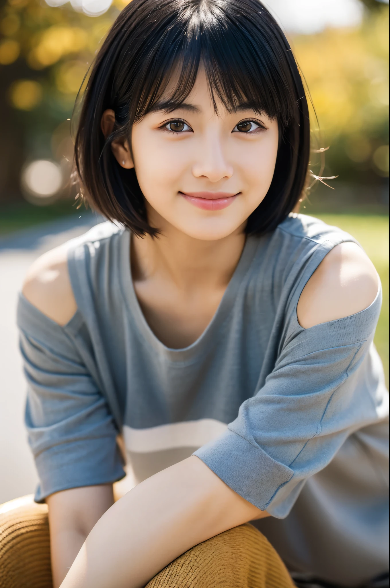Portraiture, 8k, high quality, Realistic Photographic Images, 17 years old, Japanese women, Neat, small, Natural and realistic eyes, Beautiful black hair, short hair, light makeup, Octane Rendering, Beautiful lighting, Golden ratio composition, smile, Casual wear, Casual clothing, Natural background, Blurred Background