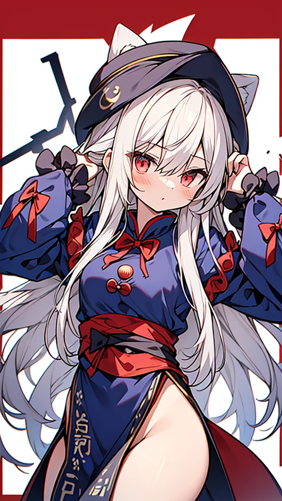 touhou project style,1 girl,leotard bunny suit,(Jiangshi dress),A hat with animal ears sticking out,
long white hair,