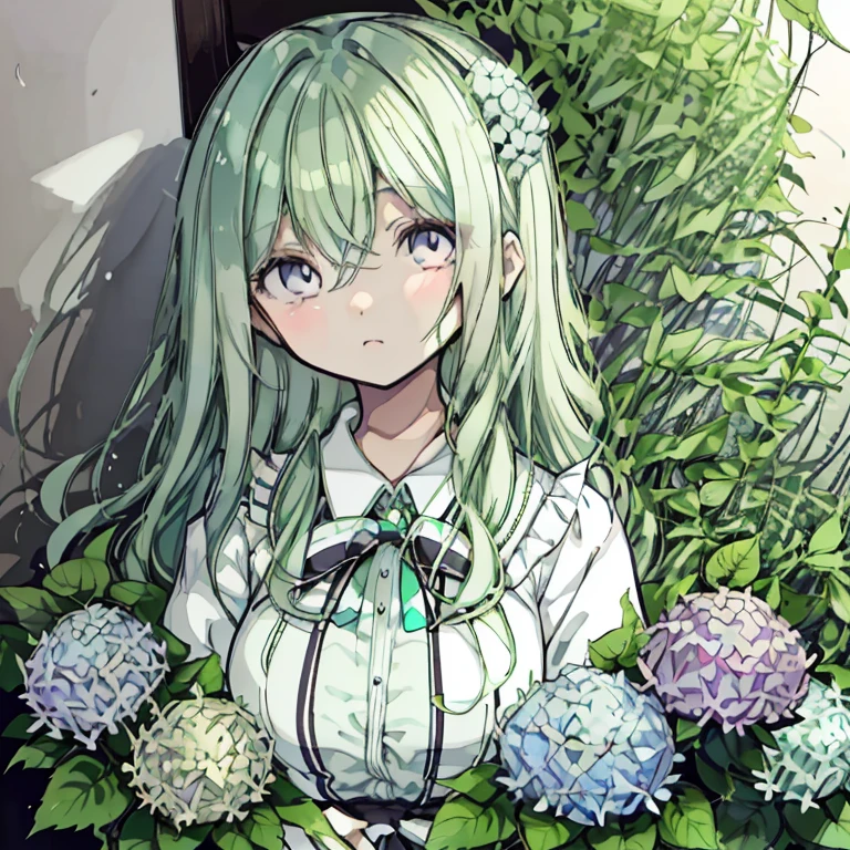 Mint green hair，Long Hair，Curly Hair，1 girl，Pink Eyes，Round eyes，cute，hydrangea，ピンクのhydrangea，hydrangeaのドレス，沢山のhydrangea，