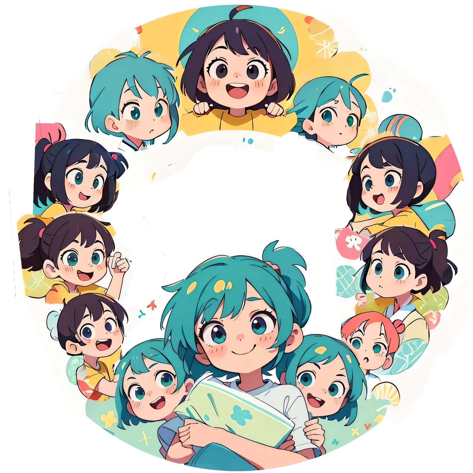 Japanese cartoons characters are arranged in a circle with a girl reading, Japanese cartoons moe artstyle, official art, 2 d Japanese cartoons style, official artwork, Japanese cartoons!!!!!!!!!!!!!!!, , Lovely art style, Japanese cartoons girl with teal hair, flat Japanese cartoons style, Japanese cartoons girls, Japanese cartoons style illustration, in the art style of 8 0 s Japanese cartoons, Japanese cartoons cartoon, Headquarters Artwork