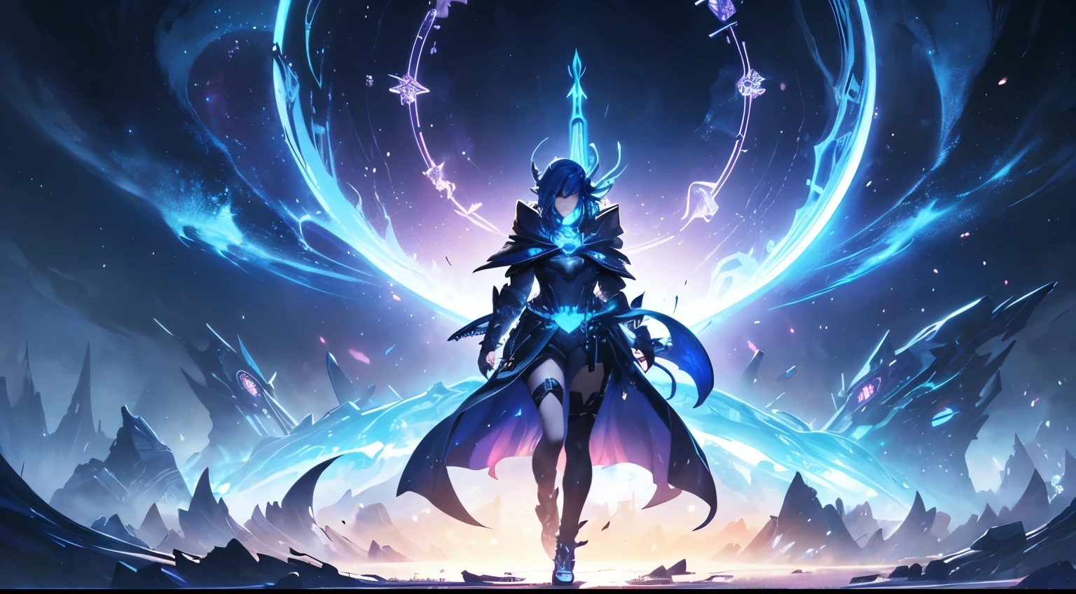 In the center of an epic scene, blue hair wanderer stand in front of fantasy dreamland, while behind it is dark sky, and they have one big key symbol on top that shines like fire from within. The splash art for fantasy role playing game character class concept. Dark blue color scheme. StarCraft style