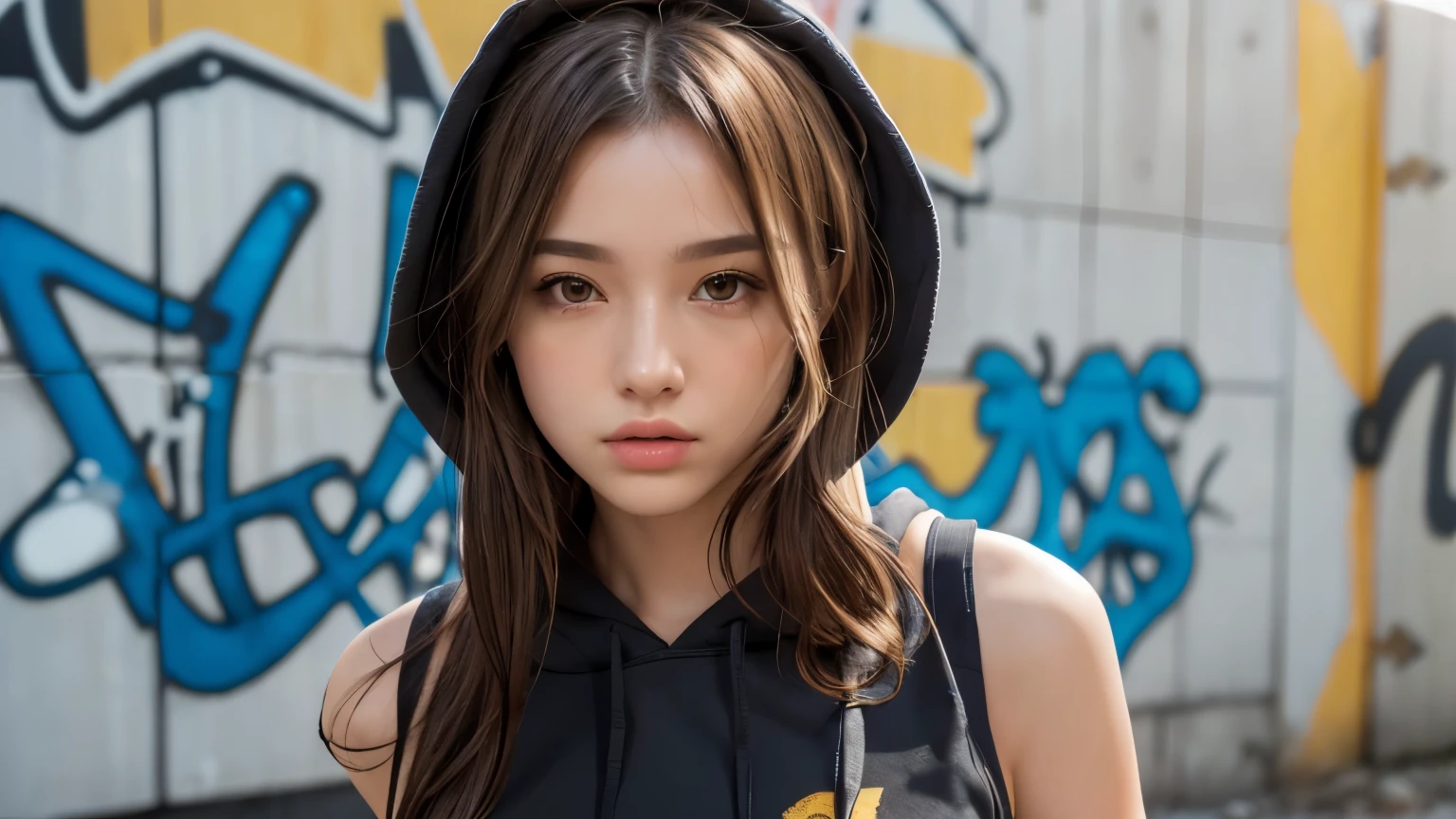 masterpiece, highest quality, Very detailed, 8k, Realistic, One Girl, alone, Tomboy, Very detailed face, (head shot:1.5), Upper Body, Standing in front of a wall covered in hip hop graffiti, Light brown long hair, He is wearing a short black tank top and an open-zipped yellow hoodie.。., Reaching into the pocket of a hoodie