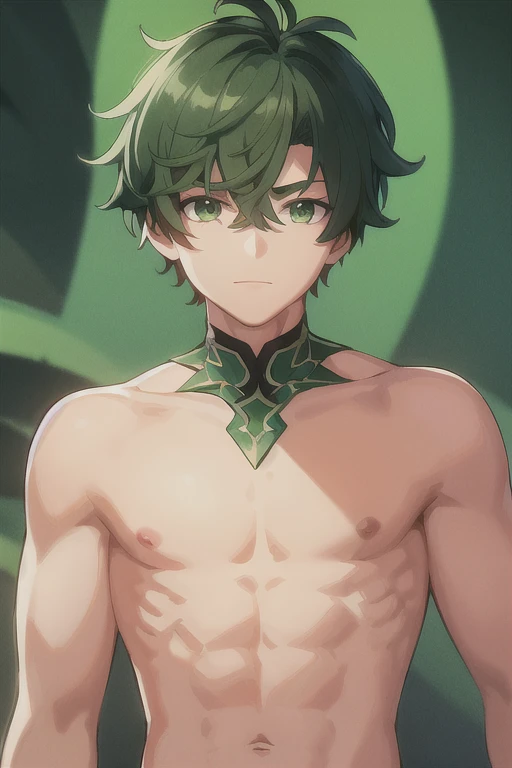 upper body, masterpiece, glowing, 1 boy solo, boy with green eyes and messy dark green hair, wearing a green costume, hot and have muscles