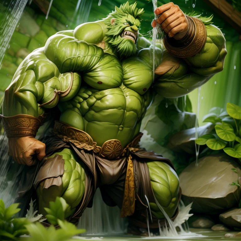 Hulk, muscular,, mad, throne,at waterfall,take shower,grow