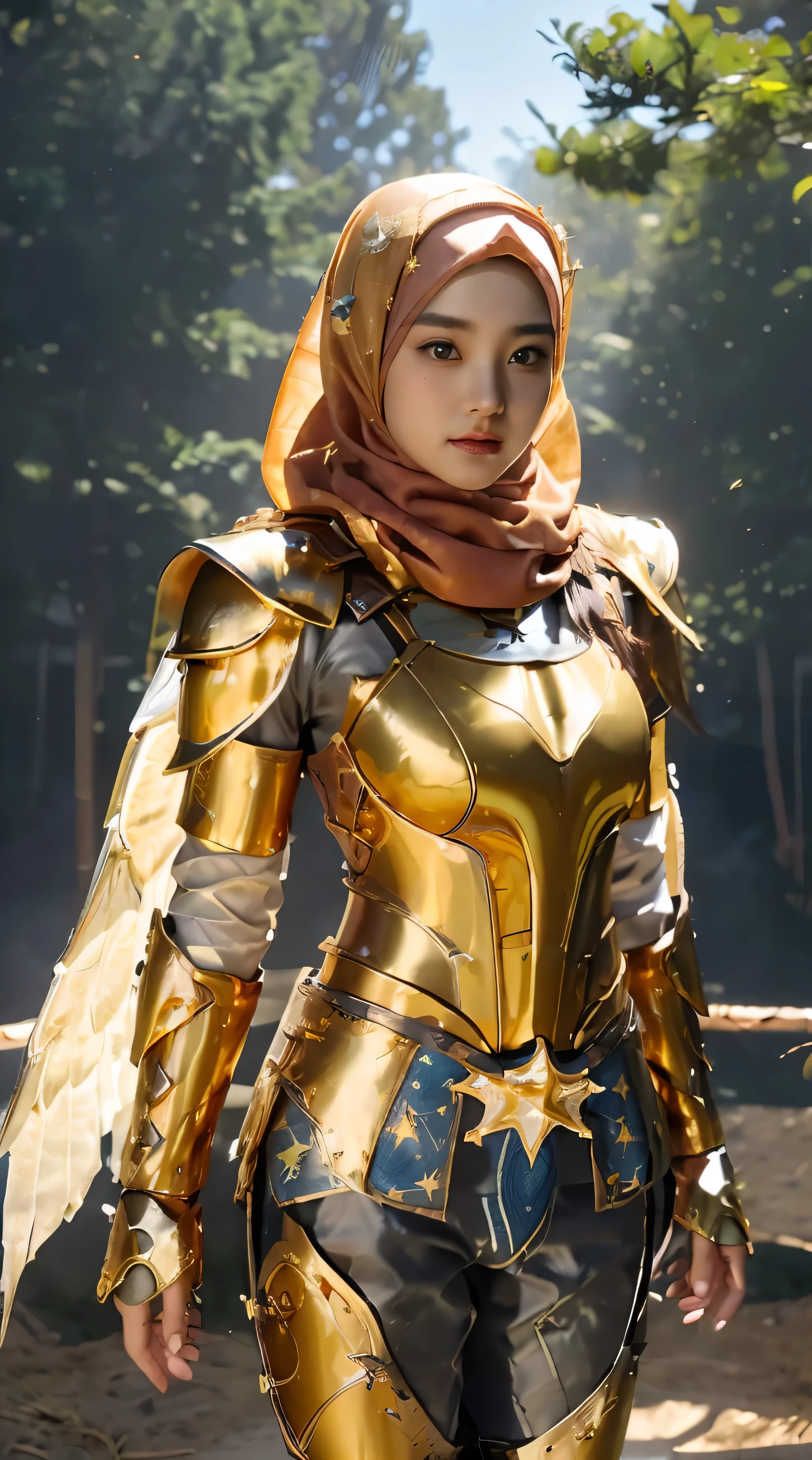 (1 Japan cutes teen with idol style), ((Top  Quality, masterpiece: 1.3)), focusing: 1.2, Perfect body care: 1.4 , (Wearing Hijab:1.2), ((Highly detailed face and skin texture)), Extremely realistic, Ultra detailed, HD, Portrait, 8K, Dressed in white and gold with spread wide big wings, (holding single flaming gold iron swords:1.2), (wearing hijab:1.5), (full iron golden armor:1.5), ornate cosplay, as a mystical valkyrie, the sailor galaxia, beautiful, white and gold priestess robes, anime cosplay, glamourous cosplay, with fiery golden wings, ((full iron trousers armor)), cosplay, professional cosplay, goddess of light, full body angel, cosplayer, perfect makeup, perfect face, beautiful face, beautiful body, arms covered with cloth, thighs covered with cloth, waterfall background, ((body object floating flying in the air:1.2)), foggy, fantasy weather, lightning strikes on either side, dramatic sttudio lighting, The atmosphere looks real, Full body shot, Front angle, ultra realistic, Professional、beautiful detail glow、Depth of bounds written、(((High chroma)))、(((real:1.9)))、((vivid:1.4))、((beautiful skin))、((skin texture))、((Real skin feel))、(((cowboy shot:1.5)))、((Angle seen from the front:1.5)), Front angle shot,