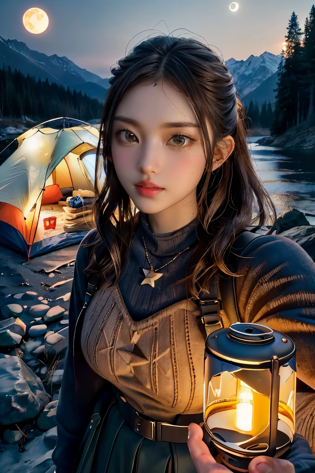 veronica cypher ((upper body selfie, happy)), masterpiece, best quality, very detailed, alone, outdoors, (night), mountain, nature, (star, moon) cheerful, happy, backpack, sleeping bag, camping stove, Water bottle, 등mountain화, Gloves, sweater, have, flash, forest, rock, river, wood, performance, shadow, difference, clear sky, analog style (look at the viewer:1.2) (skin texture) (film grain:1.3), (warm tones, warm tone) :1.2), enlargement, cinematic light, side lights, ultra high resolution, 최고의 shadow, raw, upper body, , Wear pullover Kodak Vision 3,