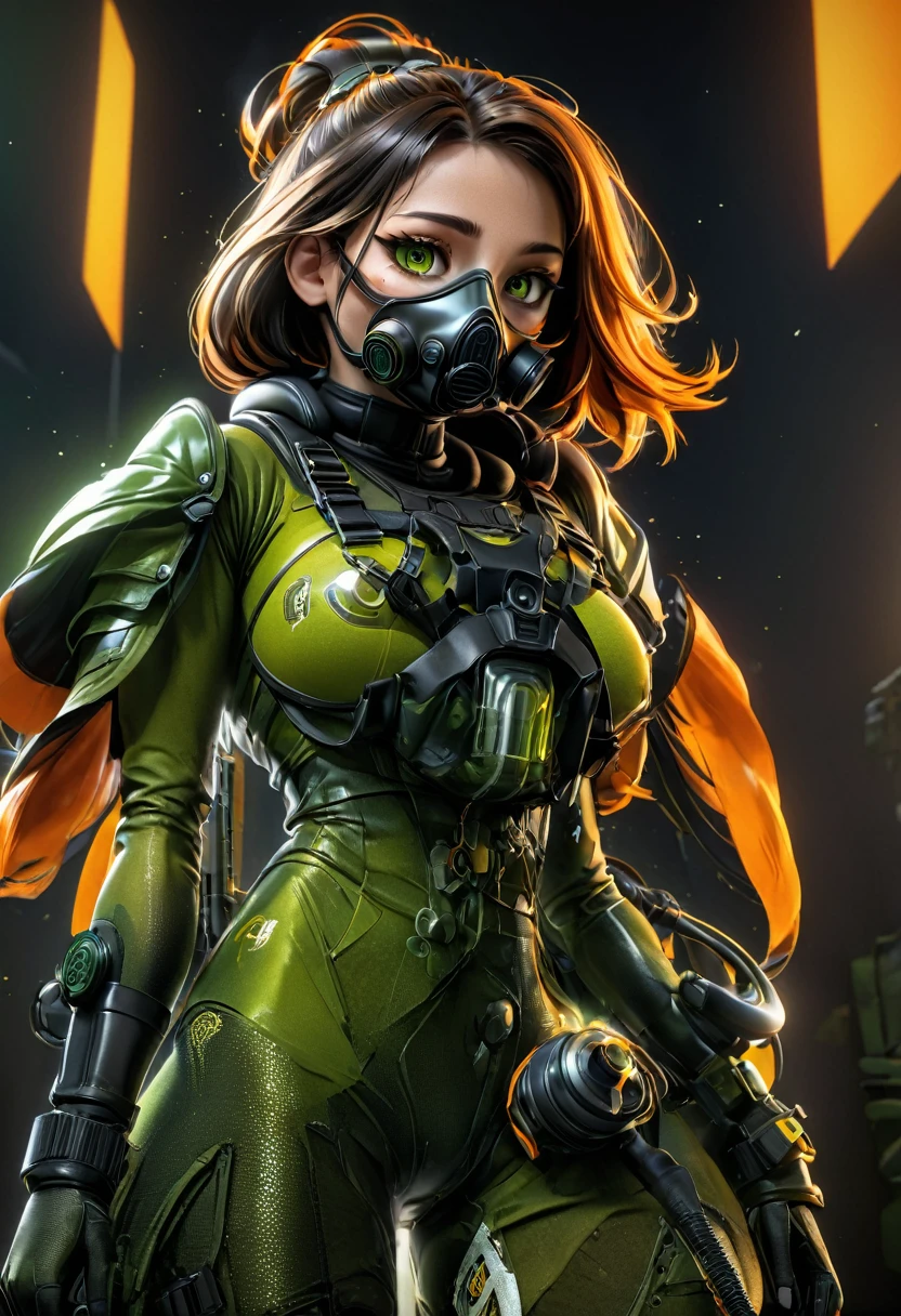 Unreal Engine: 1.4, CG 64K Ultra-realistic, Photorealistic: 1.4, Skin Texture: 1.4, Masterpiece: 1.4, Portrait Unreal Engine: 1.4, CG K Ultra-realistic, Photorealistic: 1.4, Skin Texture: 1.4, Masterpiece: 1.4 , close up photography :1.4,, cuerpo completo, wearing a gas mask in the army, biological warrior, Evolutivo, Toxina, Biological weapons, guerreros, verde:1.5, naranja:1.1, blanco:1.3, amarillo:1.3, (rapero con pelo aterrador),tatuajes, (ropa power puffer:1.2),Abstract lines and circles background.