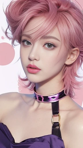 a drawing of a woman with pink hair and a choke, vi from league of legends, cute girl with short pink hair, lowres, delicate androgynous prince, wearing choker, anime vibes, some pink, pink girl, vi from arcane, loish art style, 8 0 s anime vibe, portrait knights of zodiac girl, beautiful androgynous prince