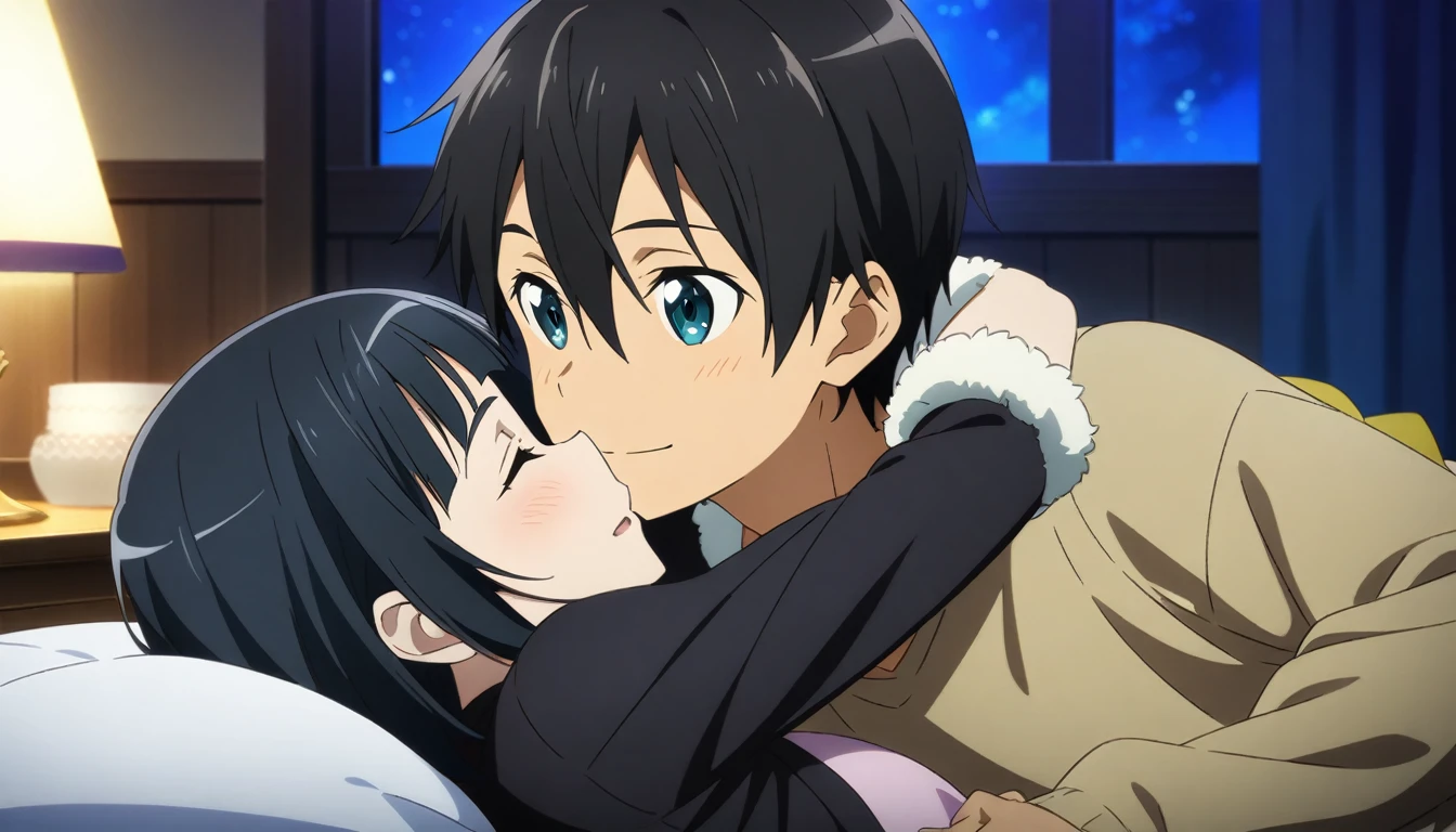 1girl and 1boy, kirigaya Suguha and kirito, sword art online, hug, on bed, midnight, masterpiece, best quality, very aesthetic, absurdres, anime artwork, anime style, key visual, vibrant, studio anime, highly detailed