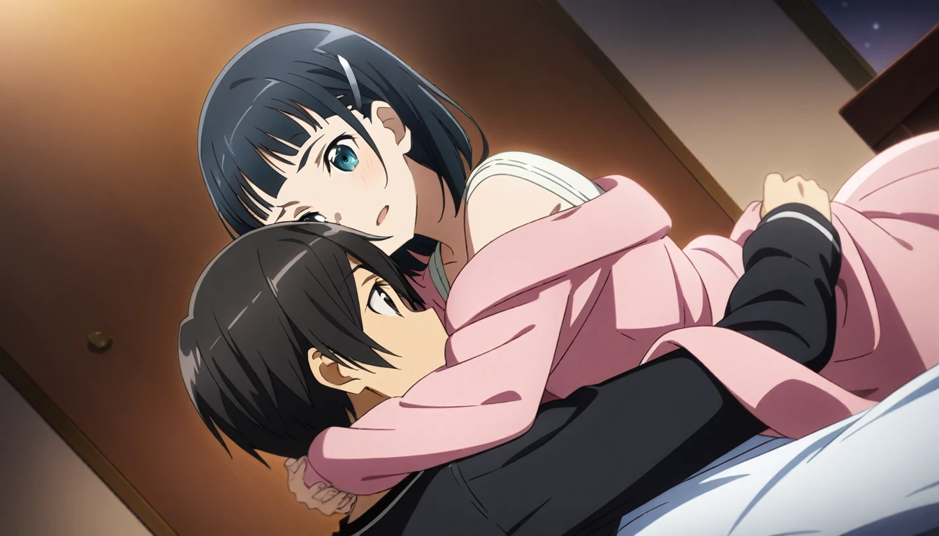 1girl and 1boy, kirigaya Suguha and kirito, sword art online, hug, on bed, midnight, masterpiece, best quality, very aesthetic, absurdres, anime artwork, anime style, key visual, vibrant, studio anime, highly detailed