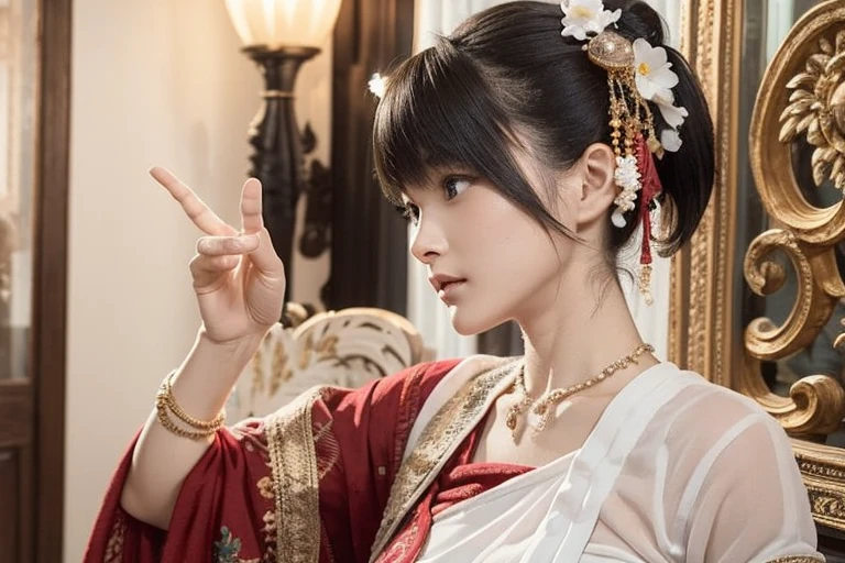 (highest quality,4K,8k,High resolution,masterpiece:1.2),Very detailed,(Realistic,photoRealistic,photo-Realistic:1.37),Portraiture,A woman in a stunning Burmese traditional dress,Beautifully decorated,Eye-catching brocade pattern,rich and vivid colors,Detailed embroidery work,Exquisite texture,A meticulously handcrafted dress,A vivid depiction of the essence of Burmese culture,Traditional floral motifs,Graceful silhouette,Fine creases and pleats,Highlights feminine elegance,Flowers and black single bun hair,Intricately placed hair pieces,Delicate and feminine,Sophisticatedたタッチを追加します,A soft yet confident look,Deep and seductive eyes,A faint smile and glossy lips,Perfect Skin,Golden accessories,Sophisticated、Sophisticatedています,A captivating presence,Subtle lighting,Dramatic Shadows,Showcasing feminine elegance and beauty,immersive visual experience