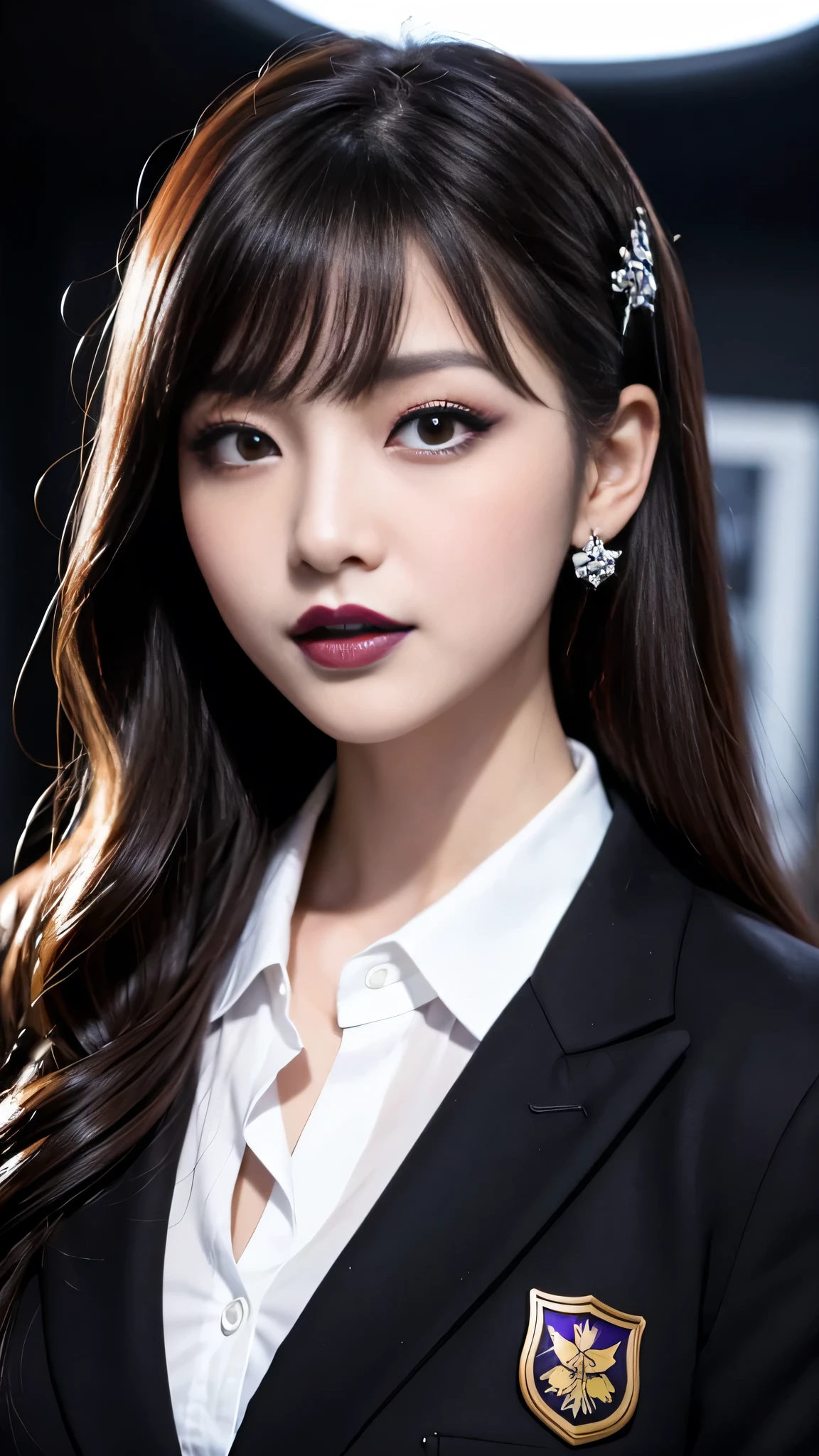 best quality、ultra-detailed、4k、Japanese、Seductive beauty、seductive adult woman、Pretty Woman、cool girl、Villainess、Brainwashed、brainwash、Fallen into evil、smirk、Evil look、Wicked Smile、evil、Brown hair、wavy hair、swept bangs、dark makeup、dark makeup、piercing eyes、hollow eyes,half-closed eyes、Hollow Eyes、purple Eyeshadow、black lipstick、black lipglos、uniform、blazer、White Shirt、Black Ribbon、flare skirt、night、inside darkroom、Has a switch、Emblem of Evil、Crest of Darkness、Swear allegiance、I have pledged my allegiance、Dye black、Blackening、Stained with evil、Dyed in darkness、Whisper in my ear