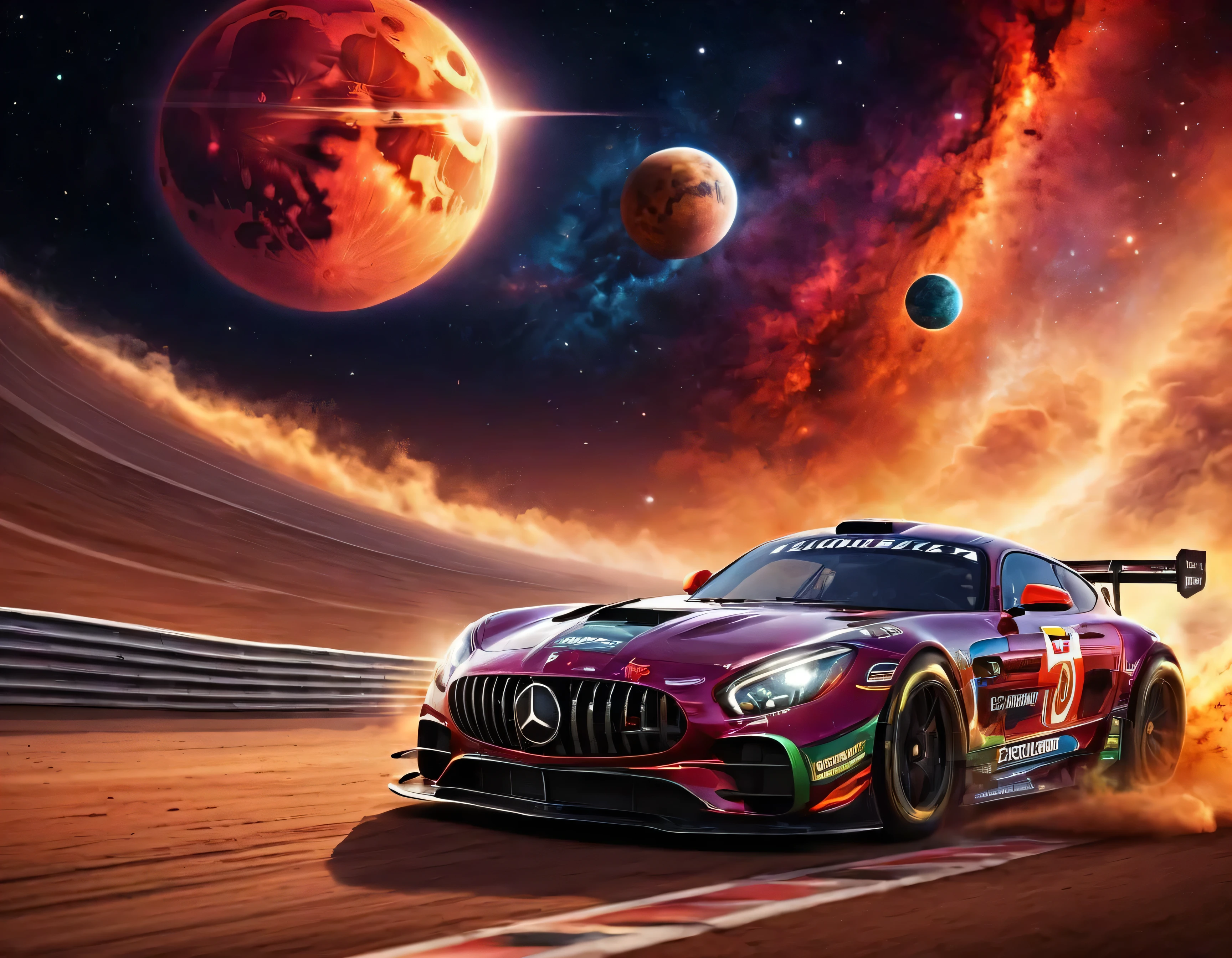 "Image real of a spectacular car racing track, where the thrill of speed merges with the grandeur of the cosmos. On the track, fast and elegant racing cars compete at high speed, leaving trails of fire and smoke in the air. The skilled drivers They fight for first place while negotiating tight curves and accelerating on the straights, creating a scene of pure adrenaline and emotion.
In the background, a dimensional sky stretches, where planets collide and stars shine brightly. A reddish super moon dominates the horizon, casting an ominous light over the landscape. Clouds of cosmic dust churn through space, creating mesmerizing patterns of colors and shapes.
The combination of the vibrant racetrack and the cosmic setting creates an atmosphere of grandeur and excitement. This image captures the excitement of automobile competition while taking us on a journey through the unknown universe. A truly spectacular sight that combines the best of both worlds: the speed of running and the vastness of the cosmos."