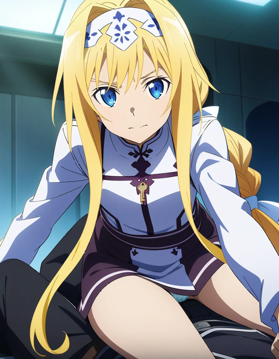 1girl and 1boy, alice zuberg, sword art online, straddling, panties, anime artwork, anime style, key visual, vibrant, studio anime, highly detailed, looking at viewer, masterpiece, best quality, very aesthetic, absurdres