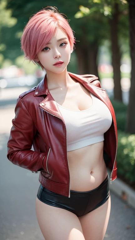 1girl in red deep neck sleeve short t-shirt, over size leather jacket, short pink hair, natural lighting ,light bokeh effect, cute elegant pose, attractive pose, gorgeous face and figure, light soft, full body shot ,elegant pose ,beautiful belly breast, large breasts