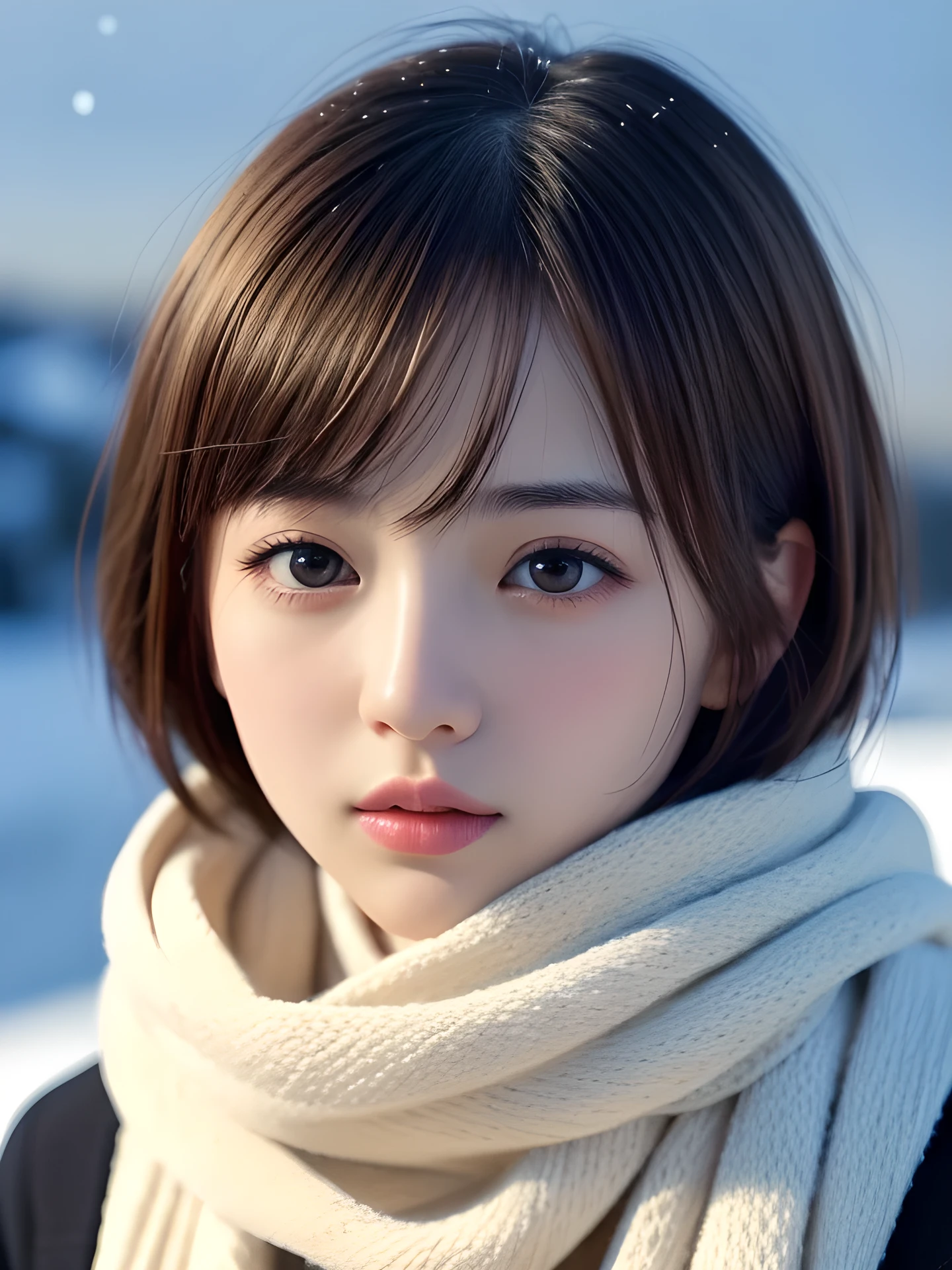 masterpiece, highest quality, High resolution, table top、wallpaper, realistic, bright lighting, professional lighting, face light, smooth lighting, japanese girl, cute, sad, open mouth to say something, Beautiful girl, gravure, sexy, super beautiful, beautiful skin, beautiful and detailed eyes、detailed face、slim、moderately, short hair, brunette colored hair, brown eyes, looking away, A costume suited to the cold winter weather, a scarf, heavy snowing, French countryside