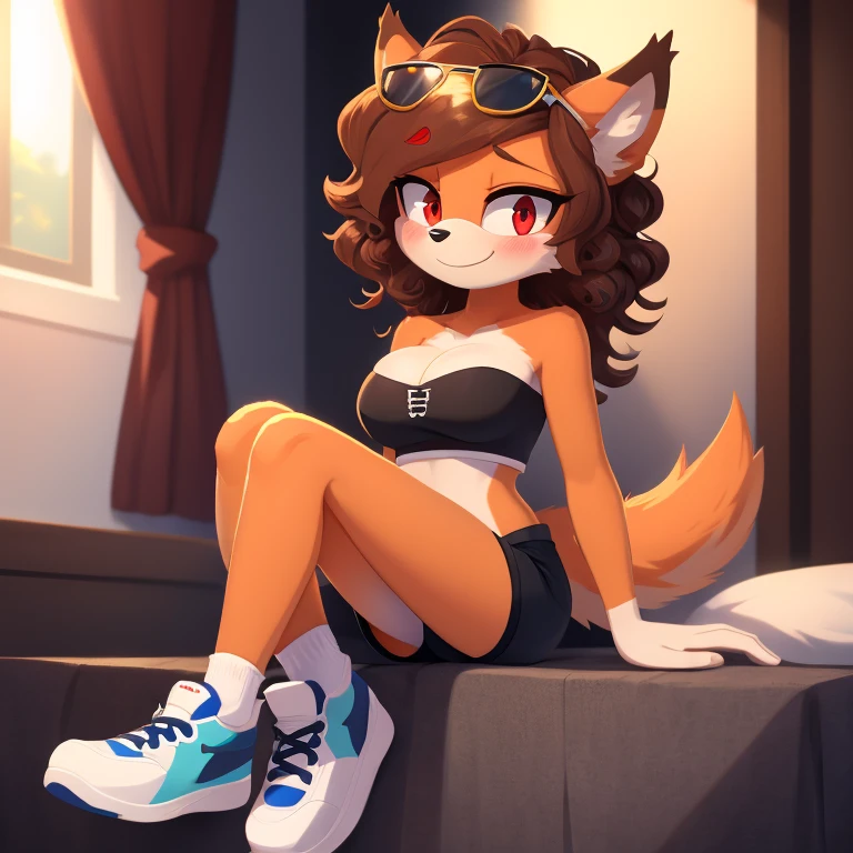 mobian, hedgehog, two-tone fur ((orange fur, brown fur)), pyjama elastic shorts, strapless crop top, cleavage, high-top sneakers, two-tone hair (brown hair, black tip)), curly hair, halo, sunglasses, jewelry, red eyes, longeyelashes, red eyes, smile, shy, blush, high detail, masterpiece, UHD, anatomically correct, super detail, highres, 4K