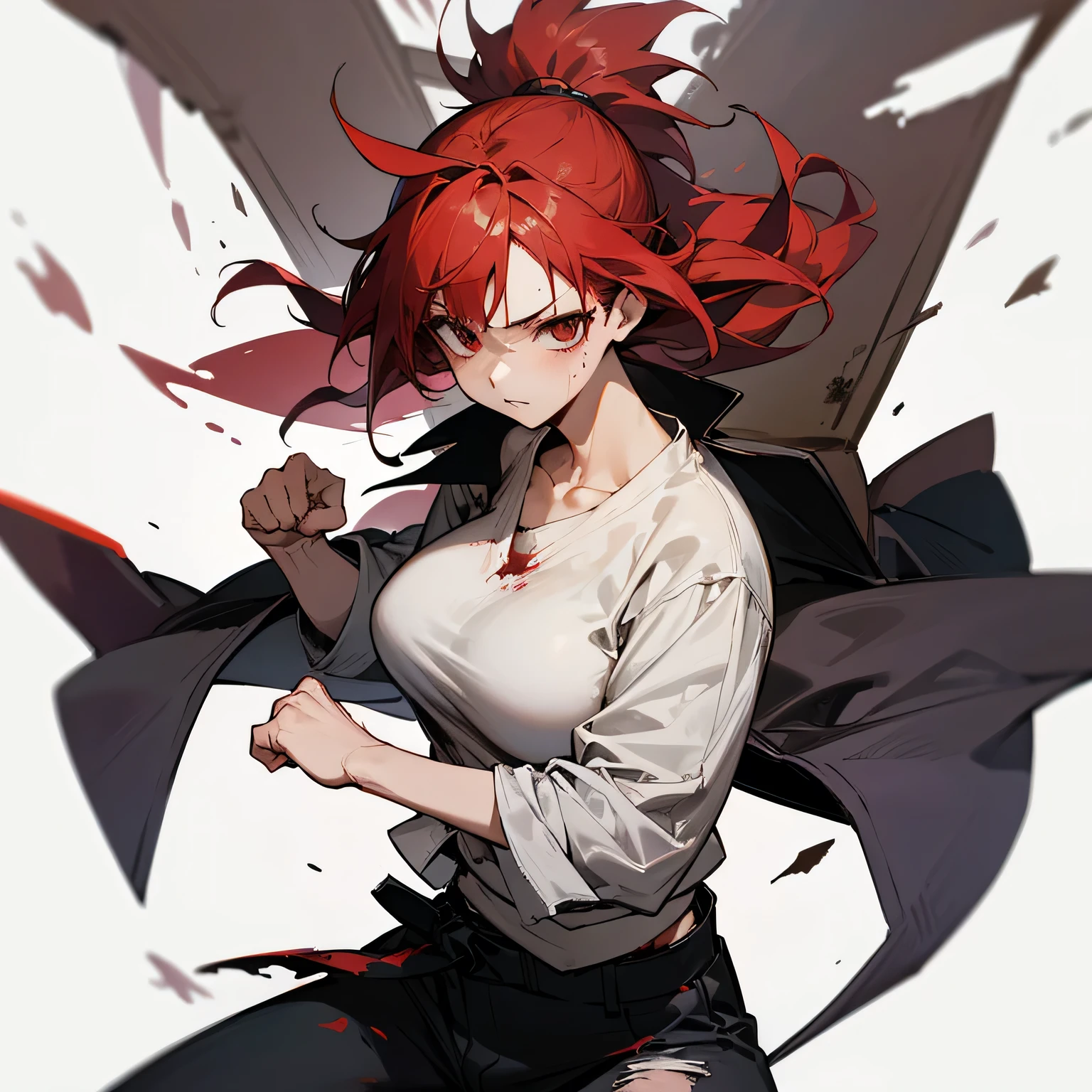 whole body傷だらけ、Bloody、Tattered long coat、Tattered black pants、Karate kata、bare hands、Fighting Pose、Redhead、Bedhead、Big Breasts、woman、whole body