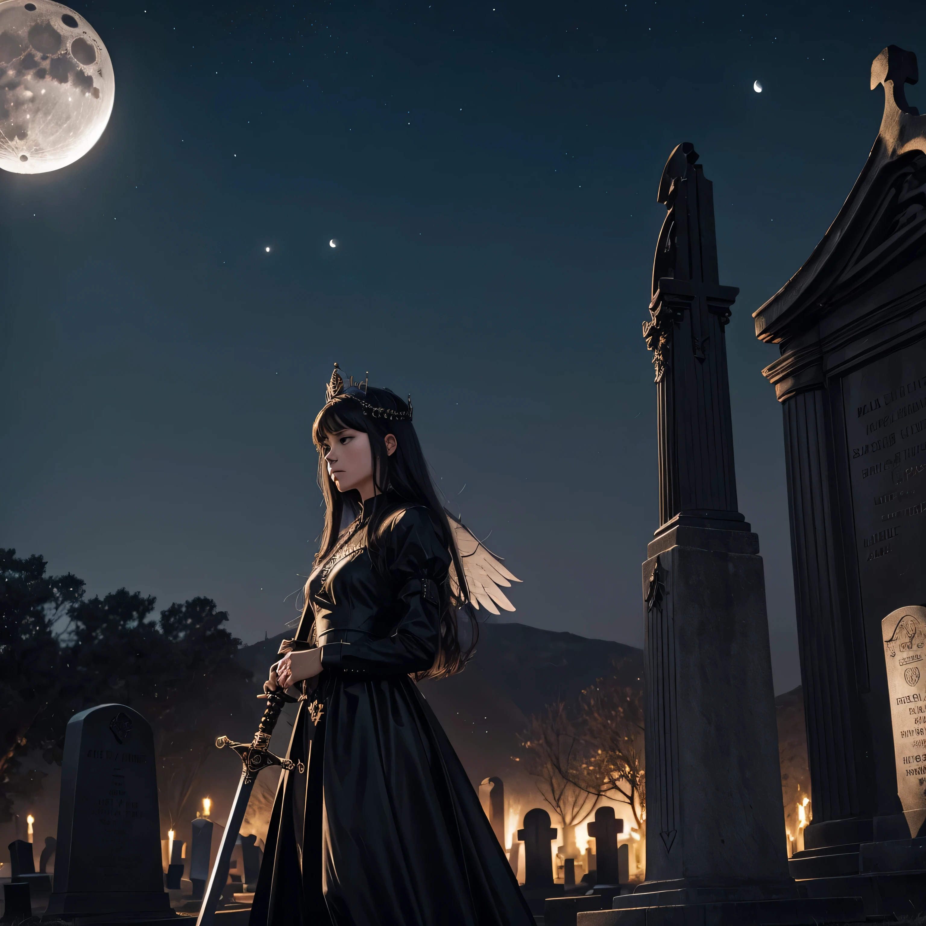 Female angel, black dress, sword, crown, dusk, graveyard, moon,