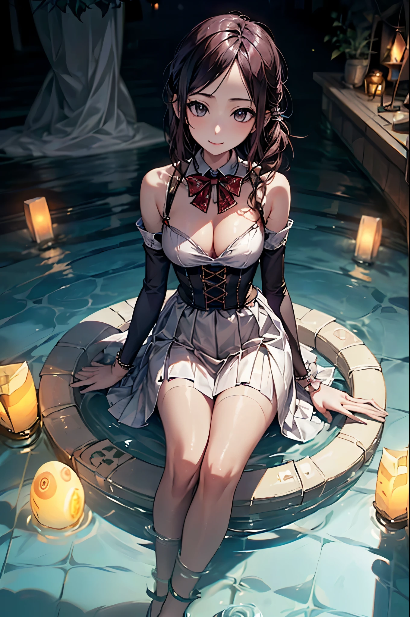 ((Biologically correct limb count))、(( whole body including face))、4K、Masterpiece、((Focus on the face))、((Symmetrical, well-proportioned  features))、Eyes with delicate depictions、Beautiful woman、Outstanding style、Slender Body、(High heels with anklets、Shiny Stockings)、(((Lantern sink、A lot of candles)))、（No sleeve、Checkered block pleated skirt)、A bow tie、(((White frame photo)))、Looking down and looking up、smile、(((Riverside)))、(((In the water)))